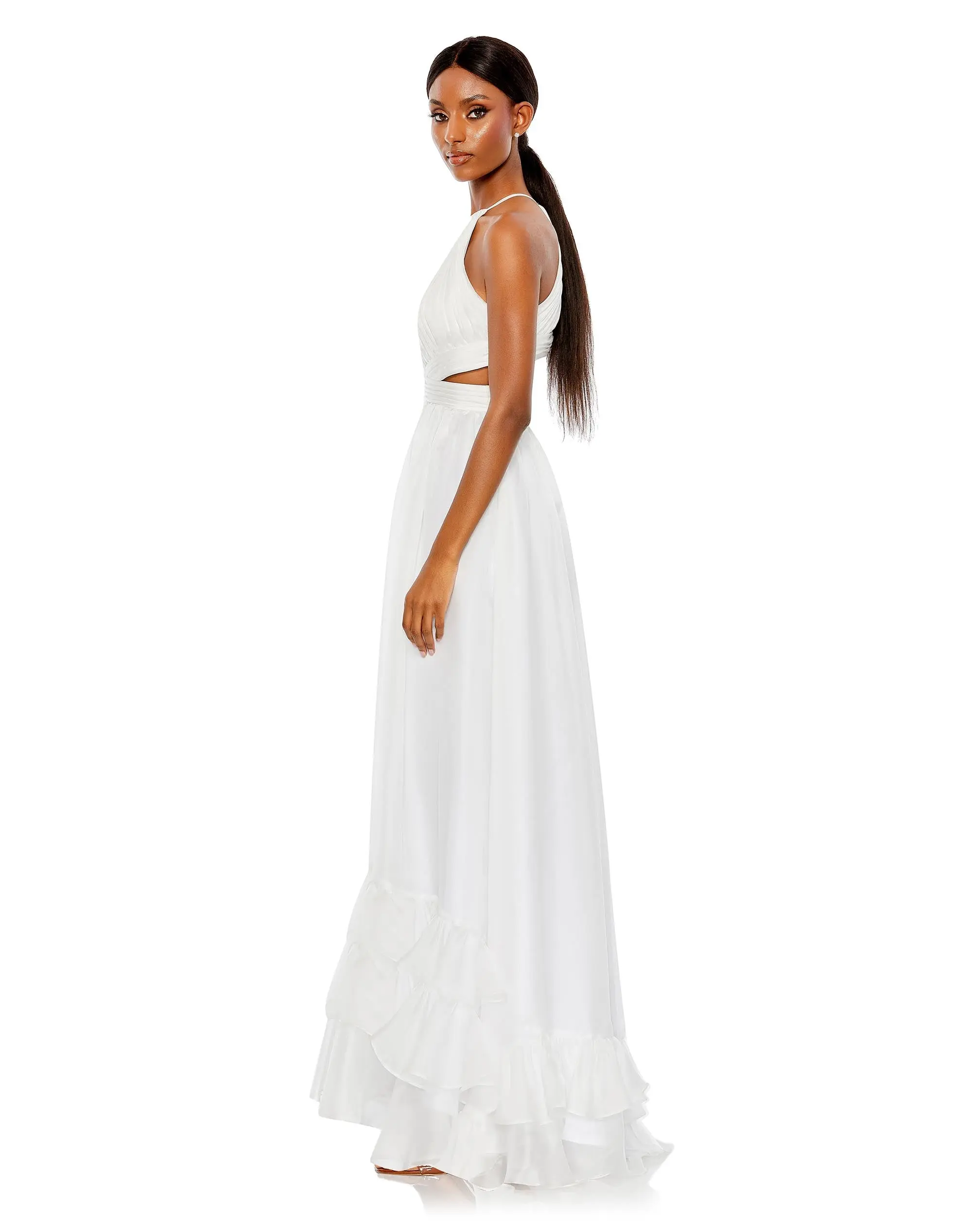 White Pleated Criss Cross Cut-Out Halter Neck Gown - Image 3