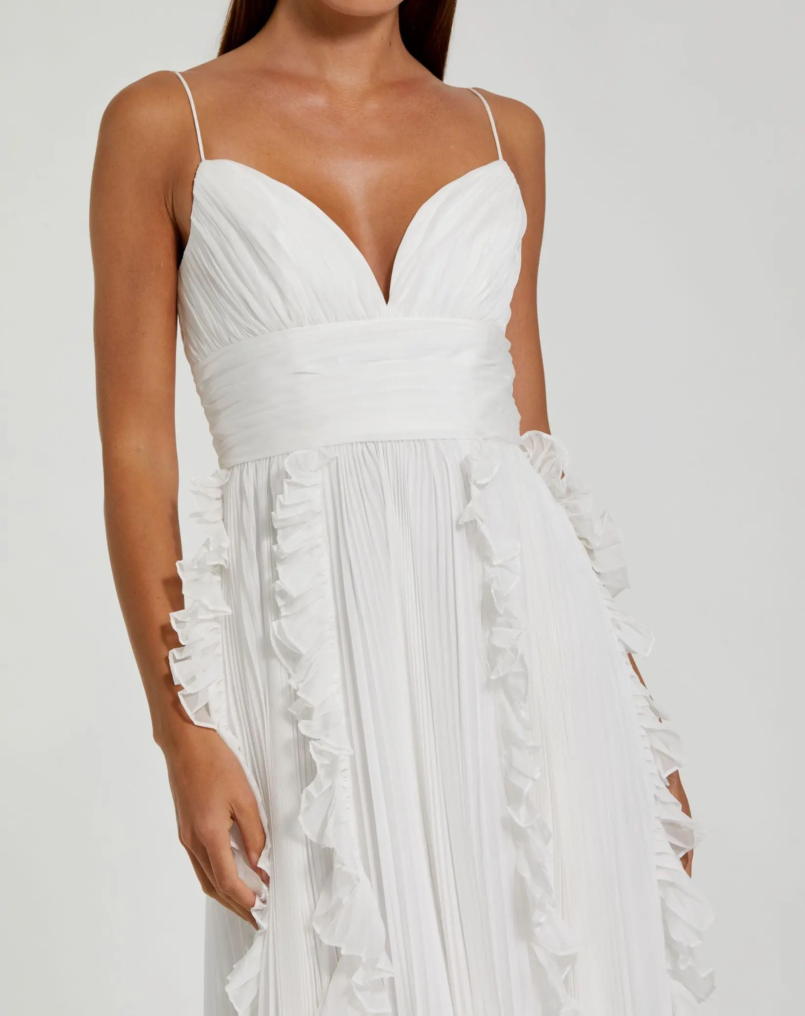 White Pleated Sleeveless Flowy Chiffon Gown - Image 2