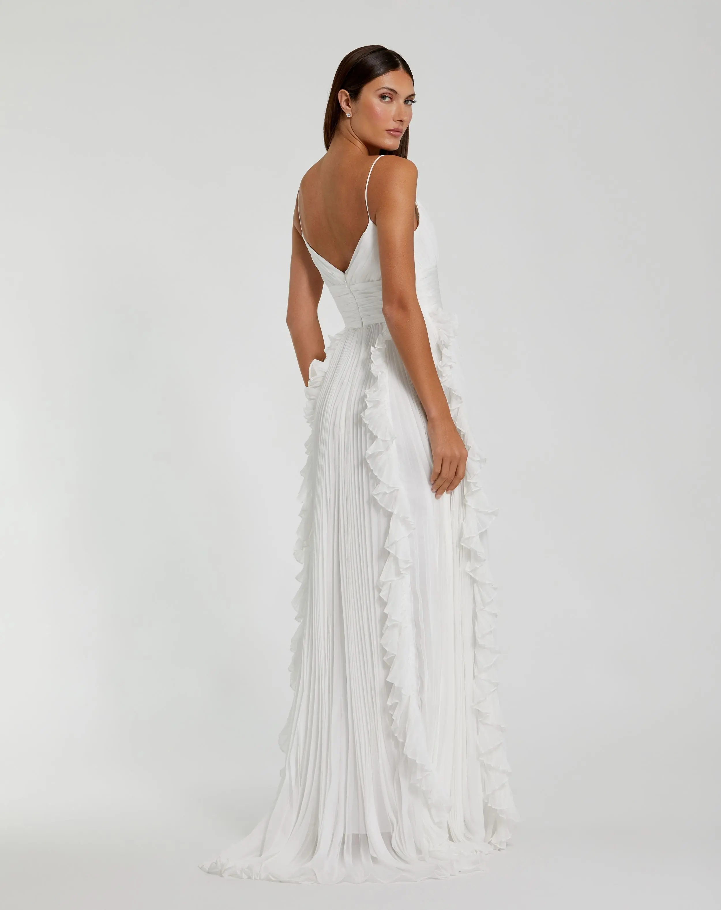 White Pleated Sleeveless Flowy Chiffon Gown - Image 3