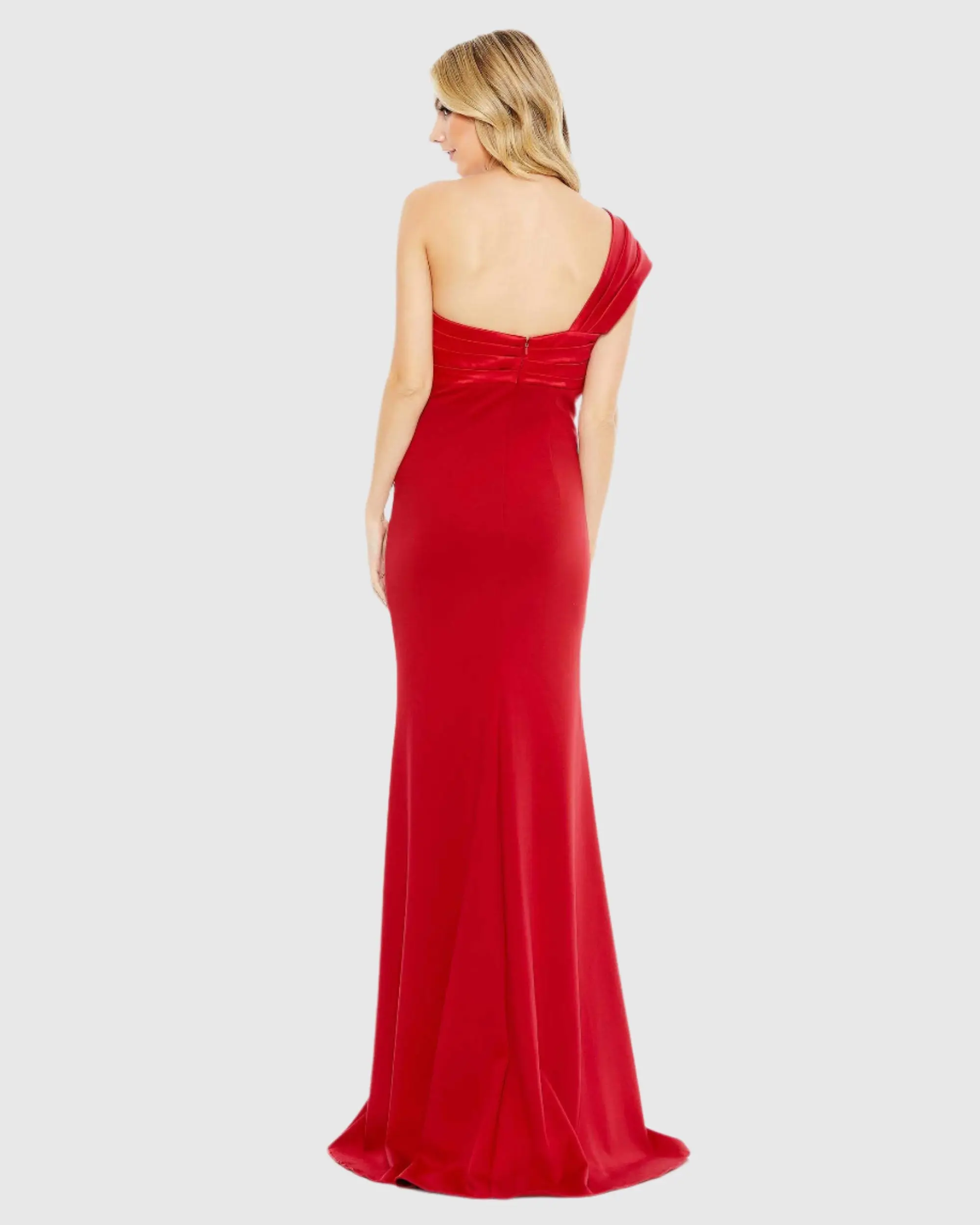 Red One Shoulder Draped Trumpet Gown - Image 4