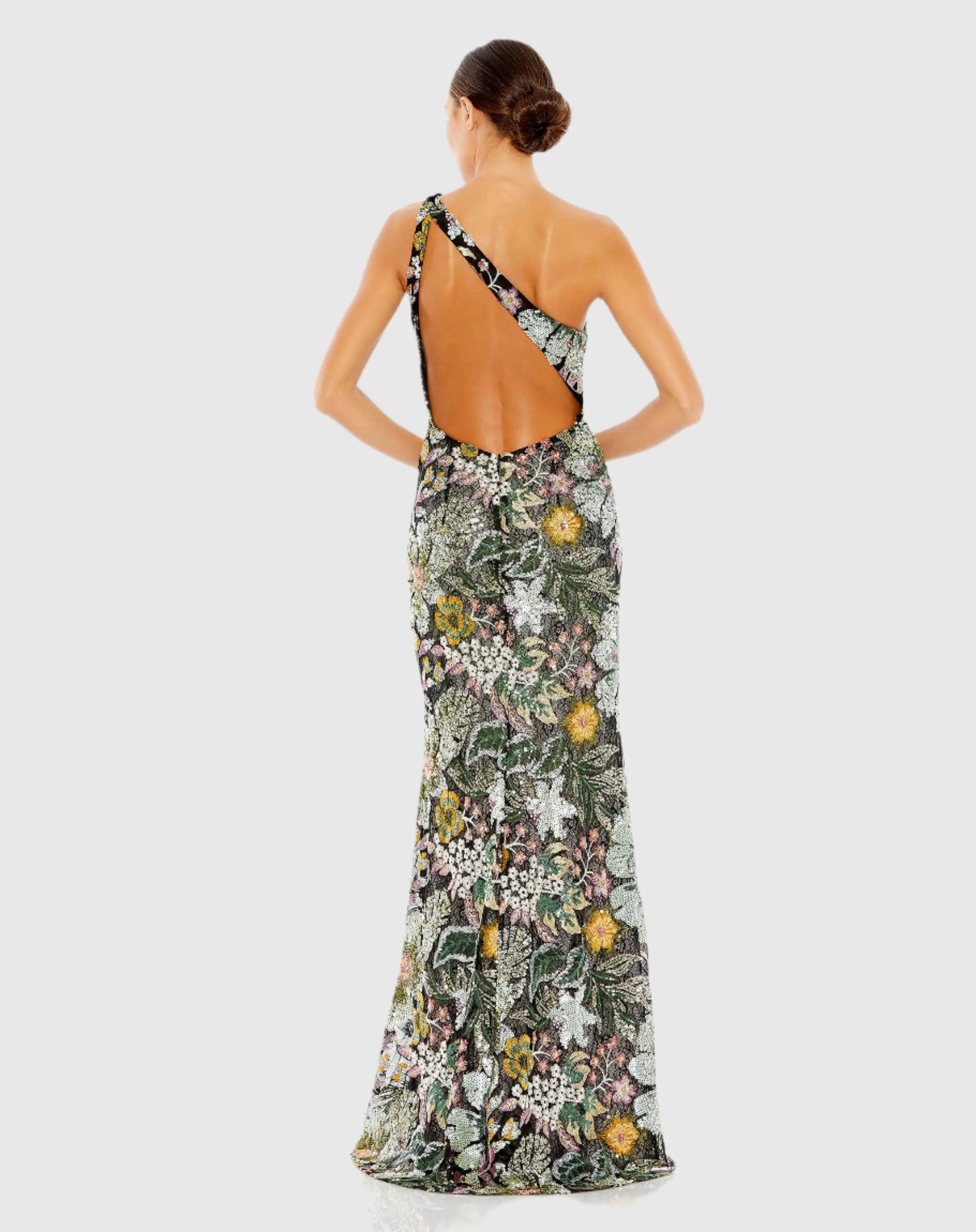 Black Floral Sequined Embroidered One Shoulder Trumpet Gown - Image 4