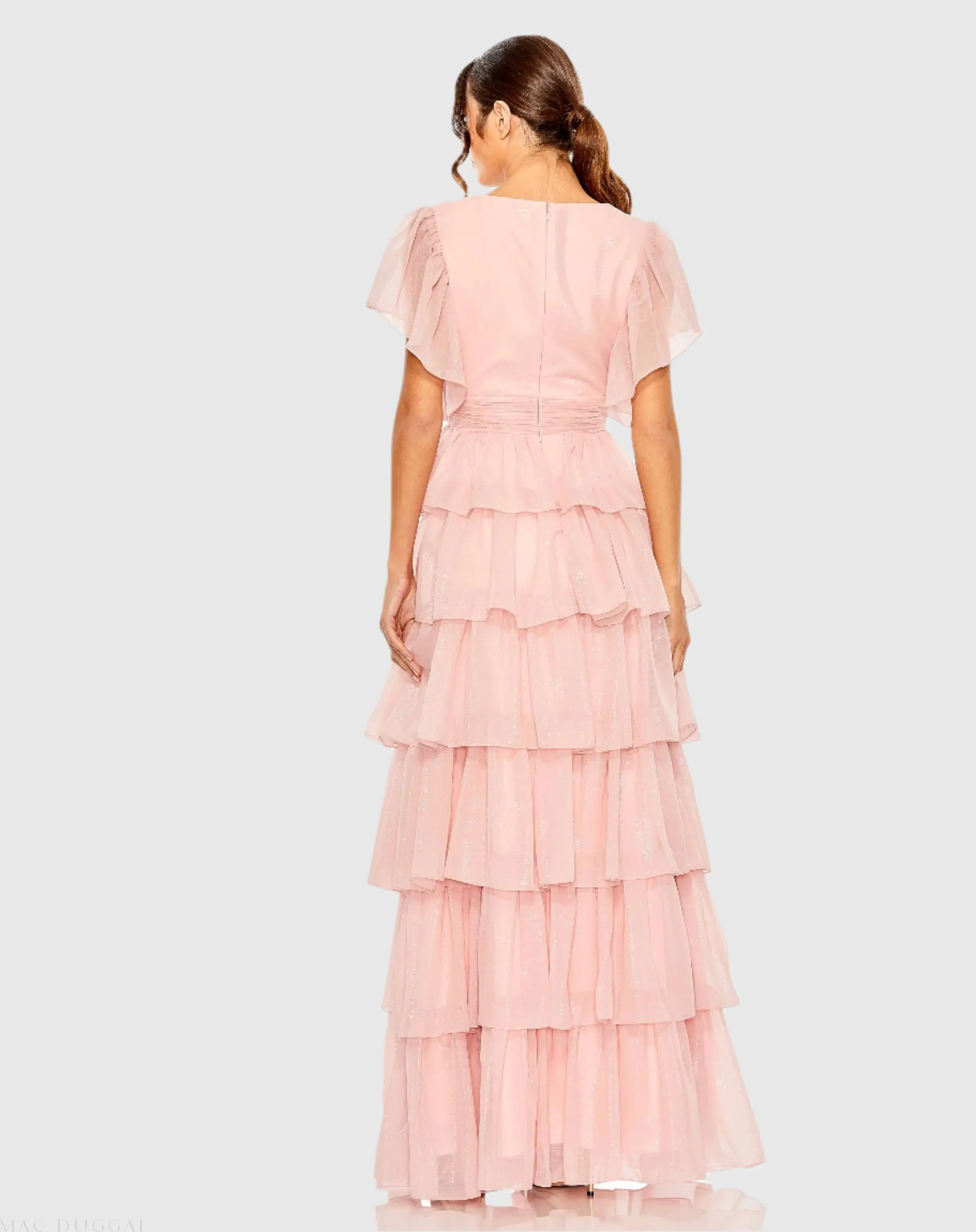 Pink Flutter Sleeve Ruffle Tiered Gown - Image 3