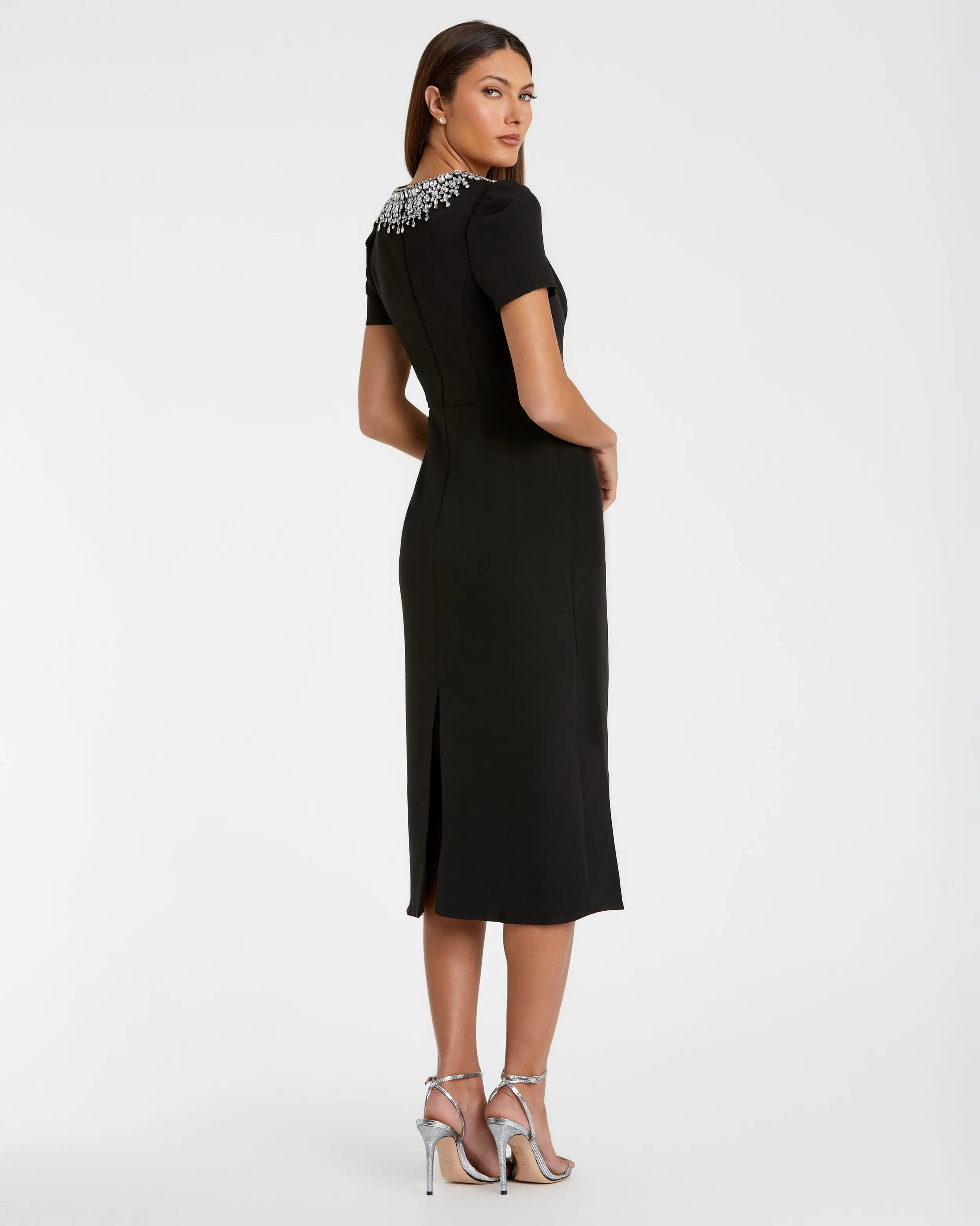 Black Short Sleeve Rhinestone Neckline Sheath Dress - Image 3