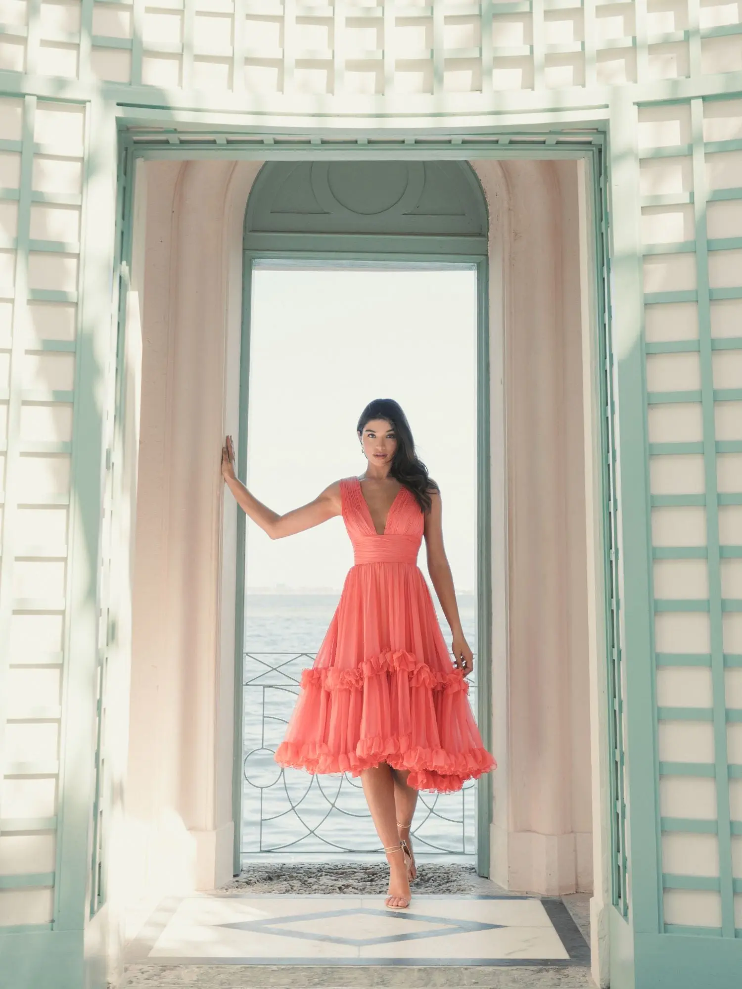 Orange V-Neck Sleeveless Tiered Ruffle Midi Dress - Image 5