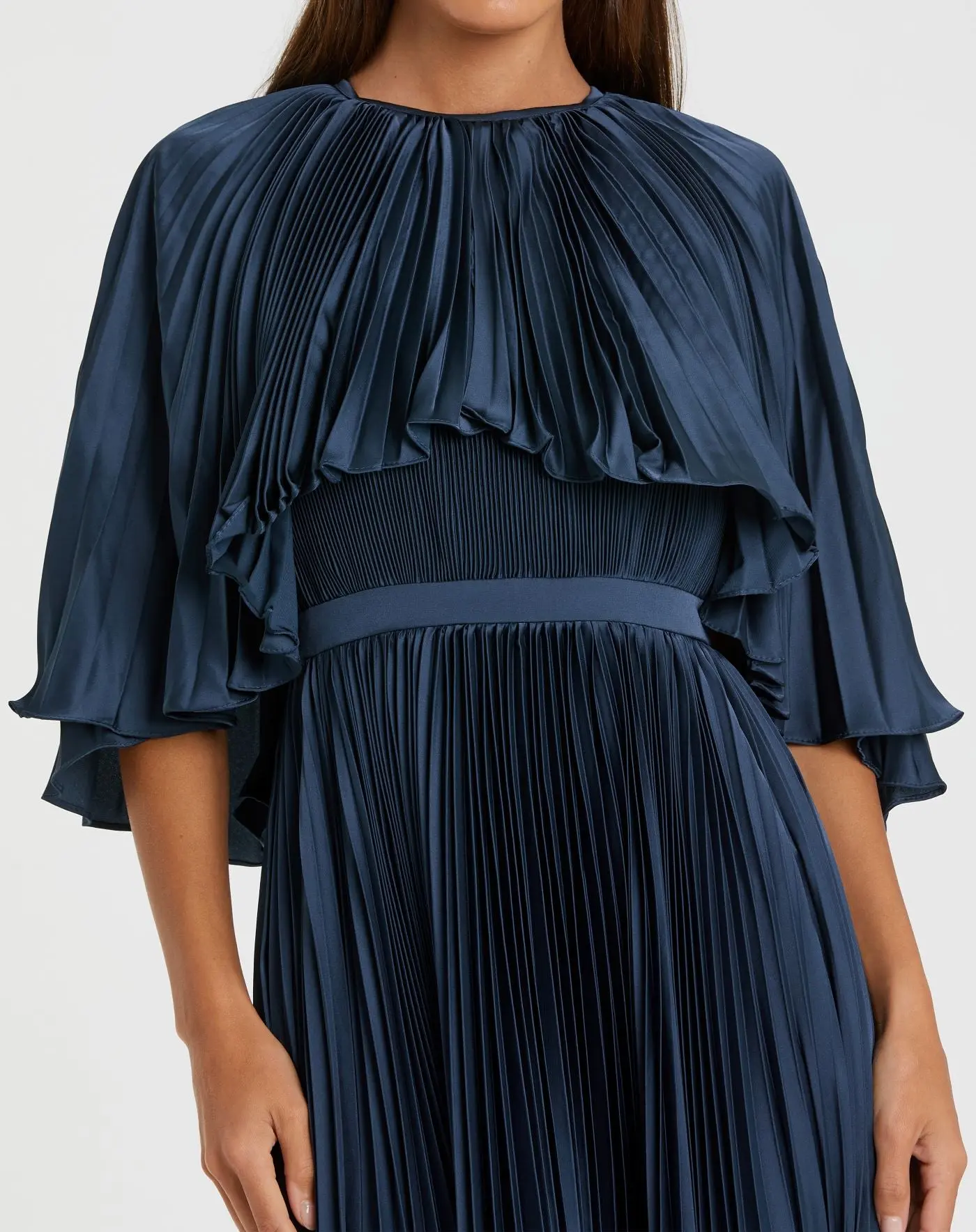 Navy Pleated Caplet Tea-length Dress - Image 2