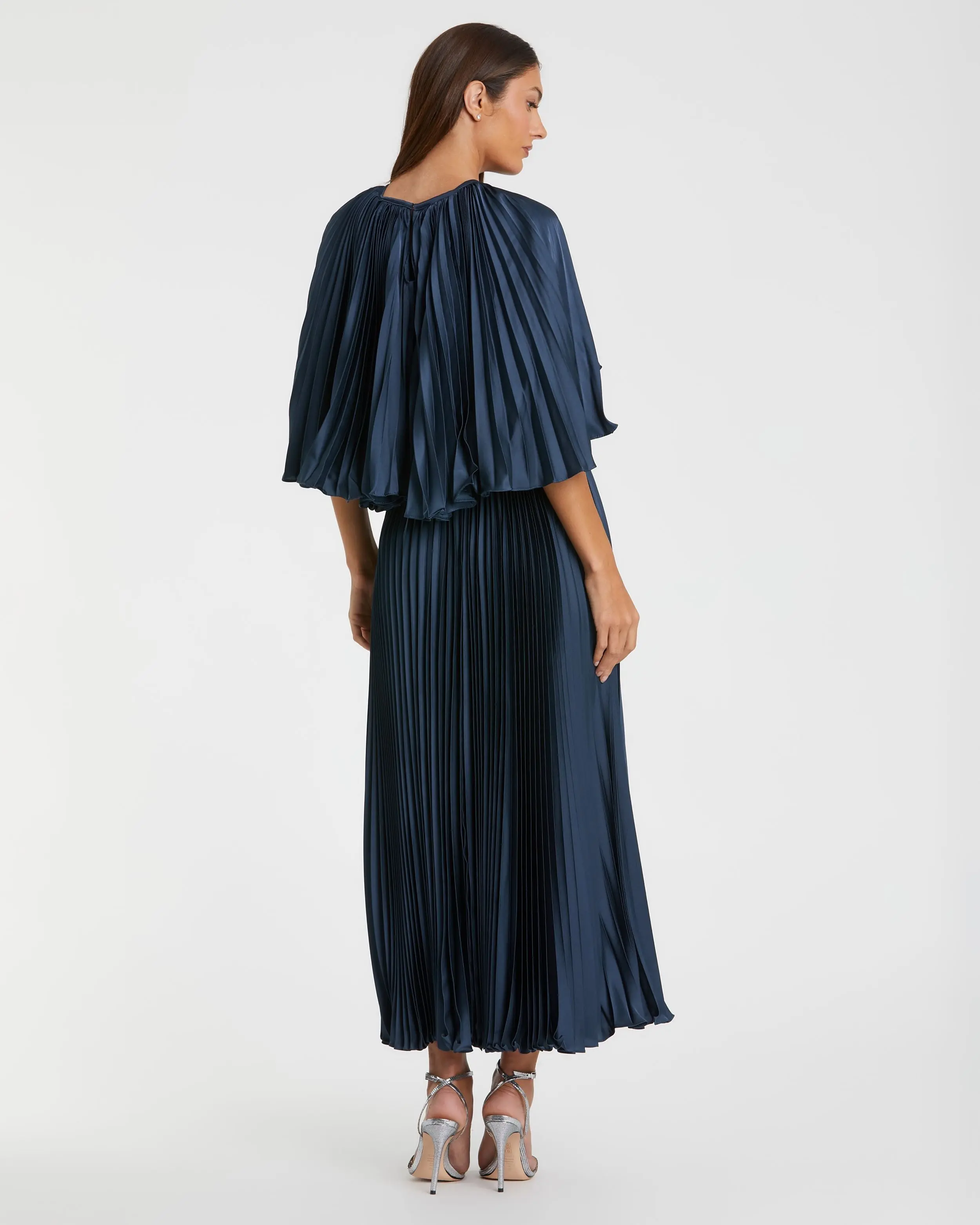 Navy Pleated Caplet Tea-length Dress - Image 3