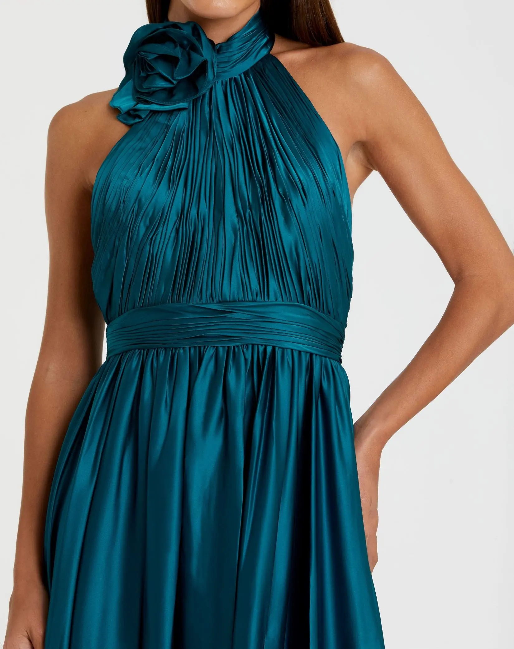 Teal Pleated Charmeuse High Neck Sleeveless Midi Dress - Image 2