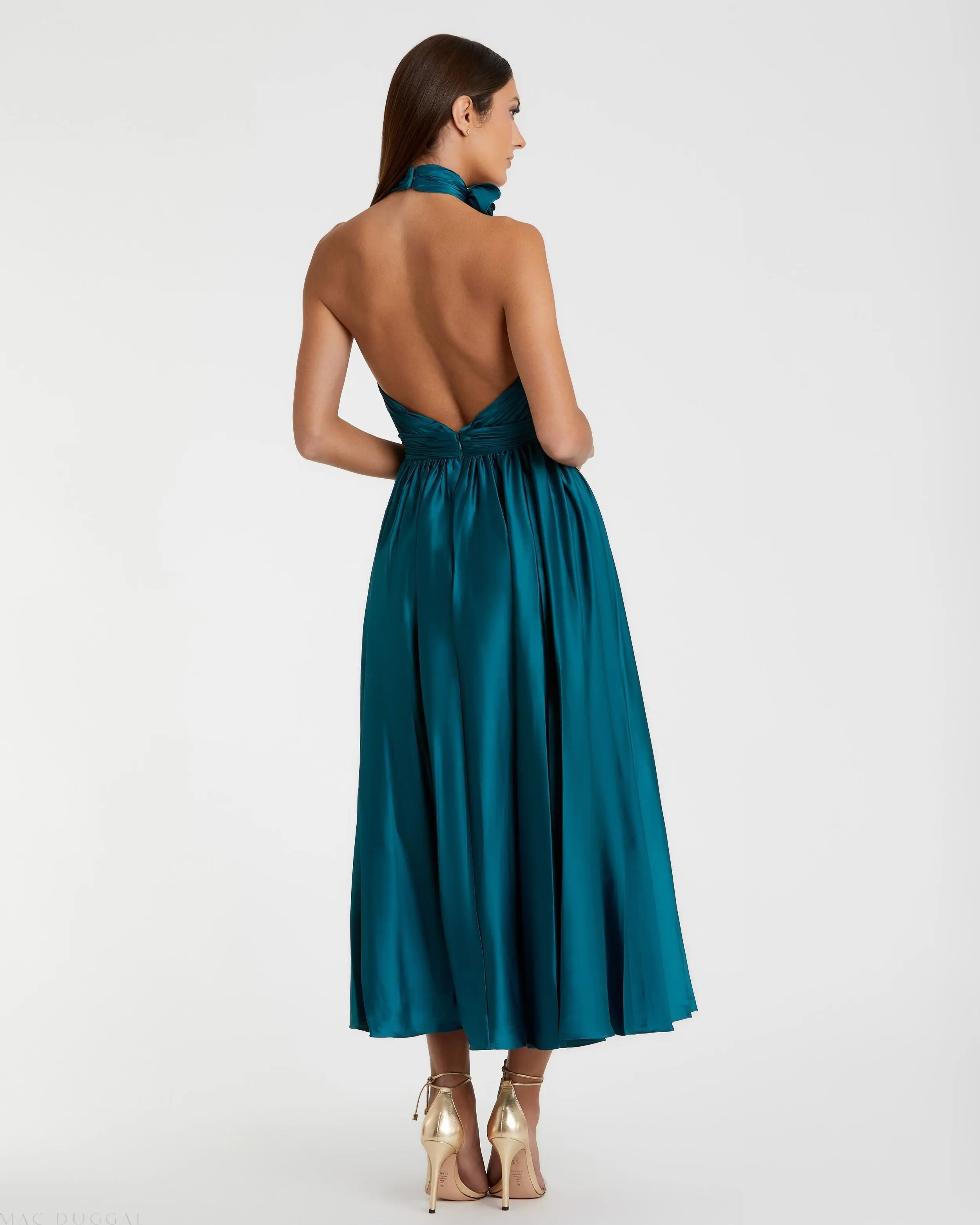Teal Pleated Charmeuse High Neck Sleeveless Midi Dress - Image 3