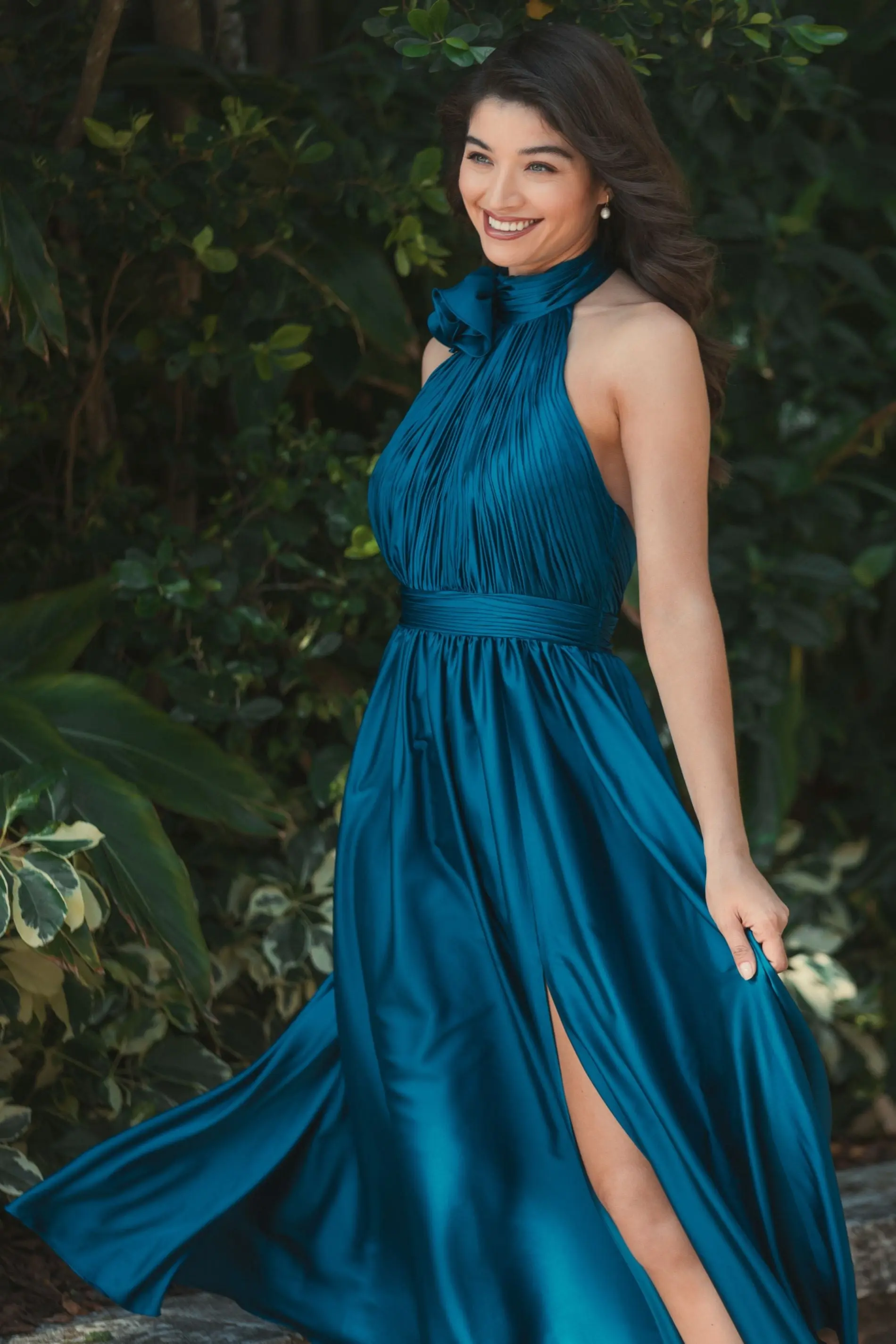 Teal Pleated Charmeuse High Neck Sleeveless Midi Dress - Image 5