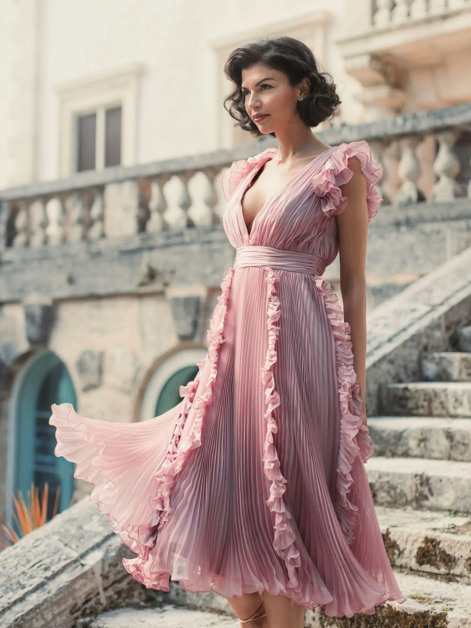 Pink Pleated Chiffon V Neck Ruffle Midi Dress - Image 6