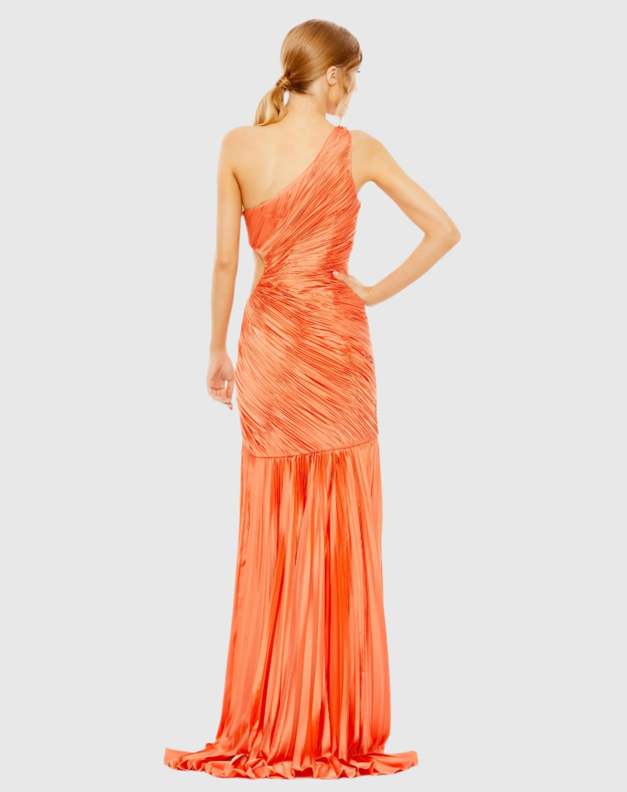 Orange Side Cut-Out One-Shoulder Pleated Gown - Image 3