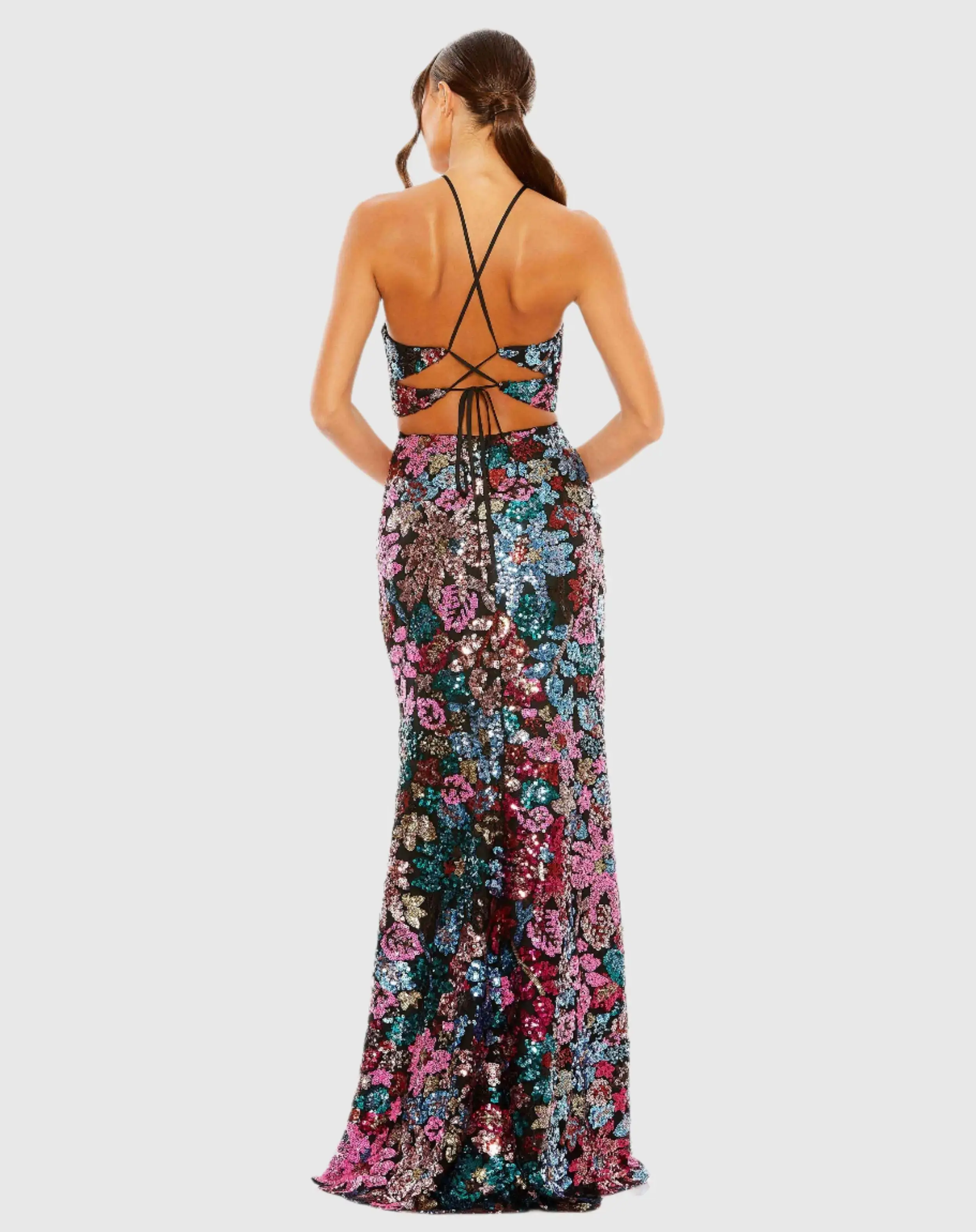 Black Sequin Embellished Cross Neck Gown - Image 3