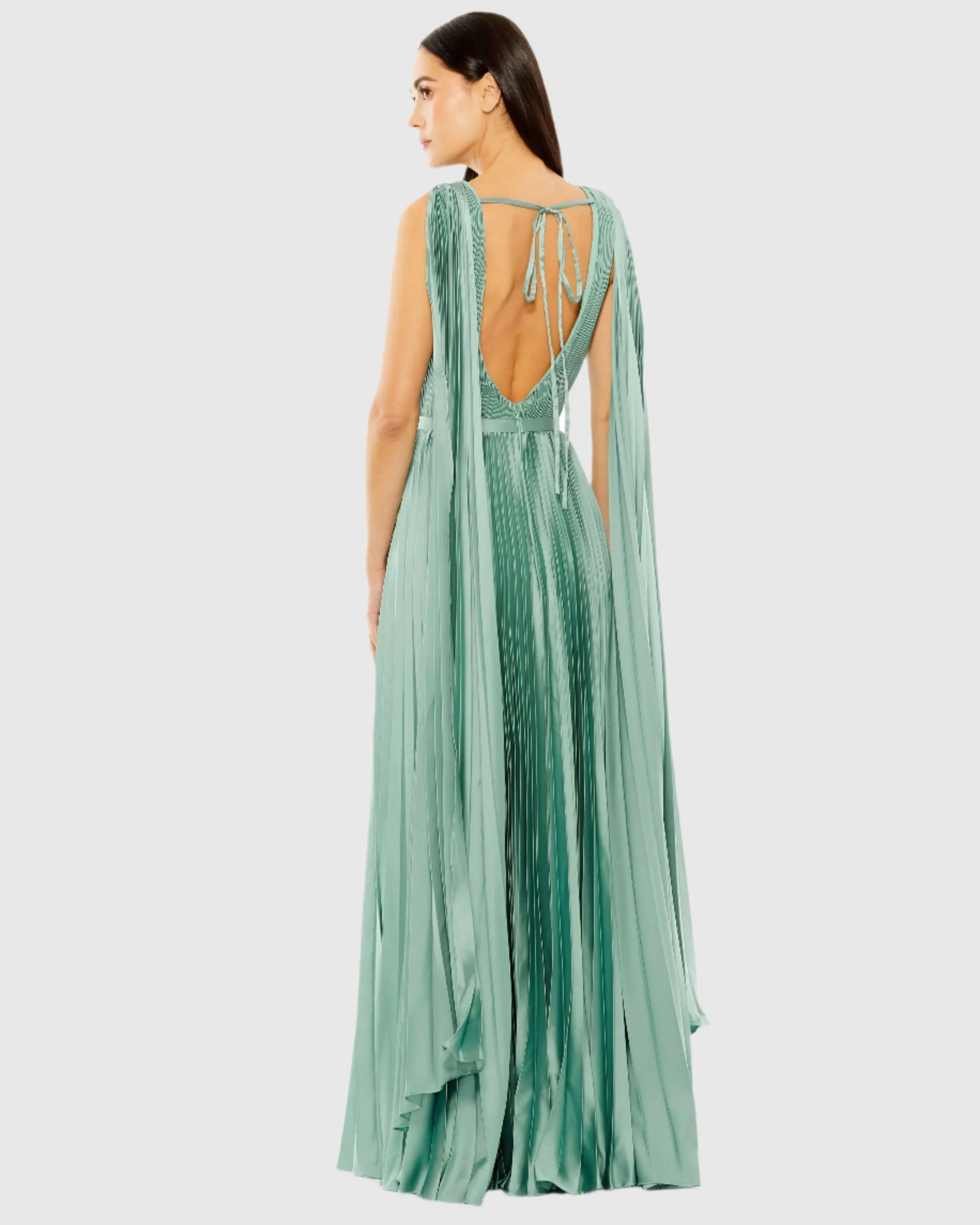 Green Sleeveless High Neck Cape Back Heat Pleated Gown - Image 3