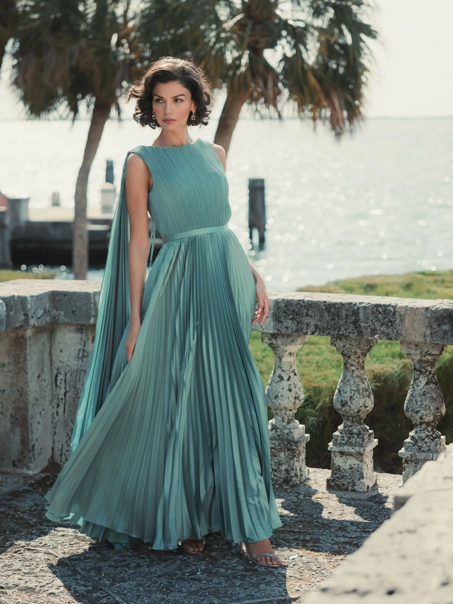 Green Sleeveless High Neck Cape Back Heat Pleated Gown - Image 4