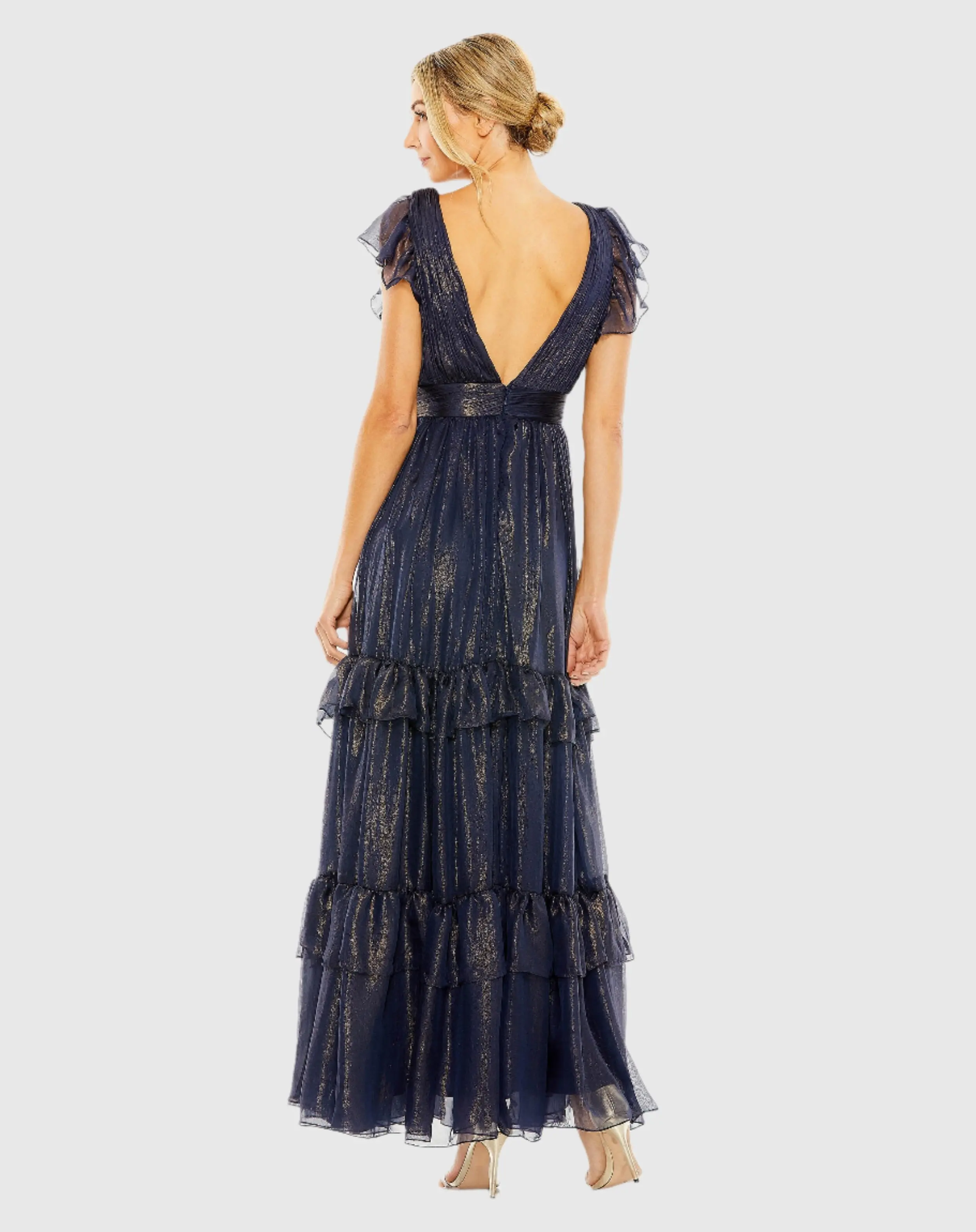 Navy Ruched Top Flutter Sleeve Deep V Gown - Image 3
