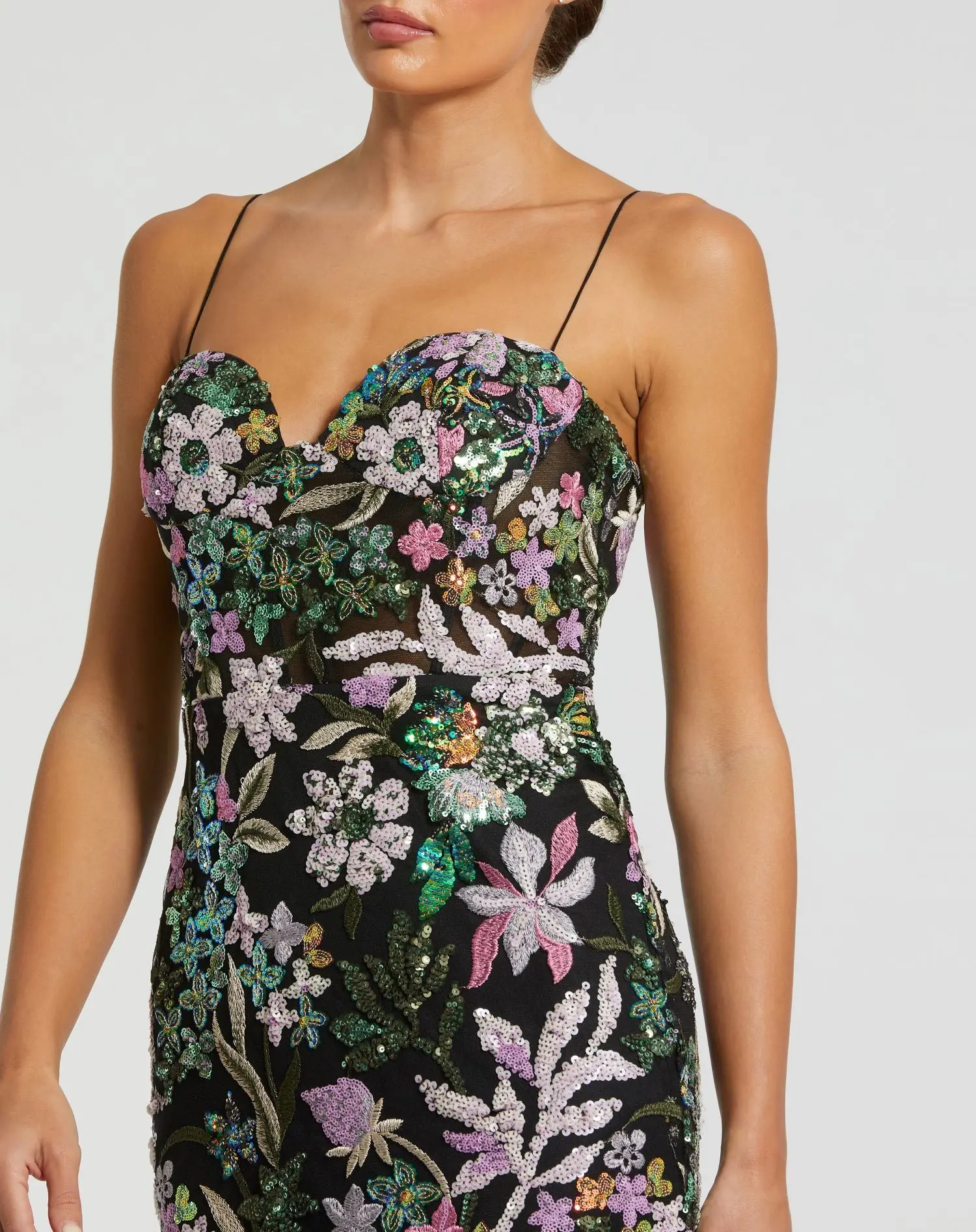 Black Multicolor Embroidered Bustier Trumpet Gown - Image 2