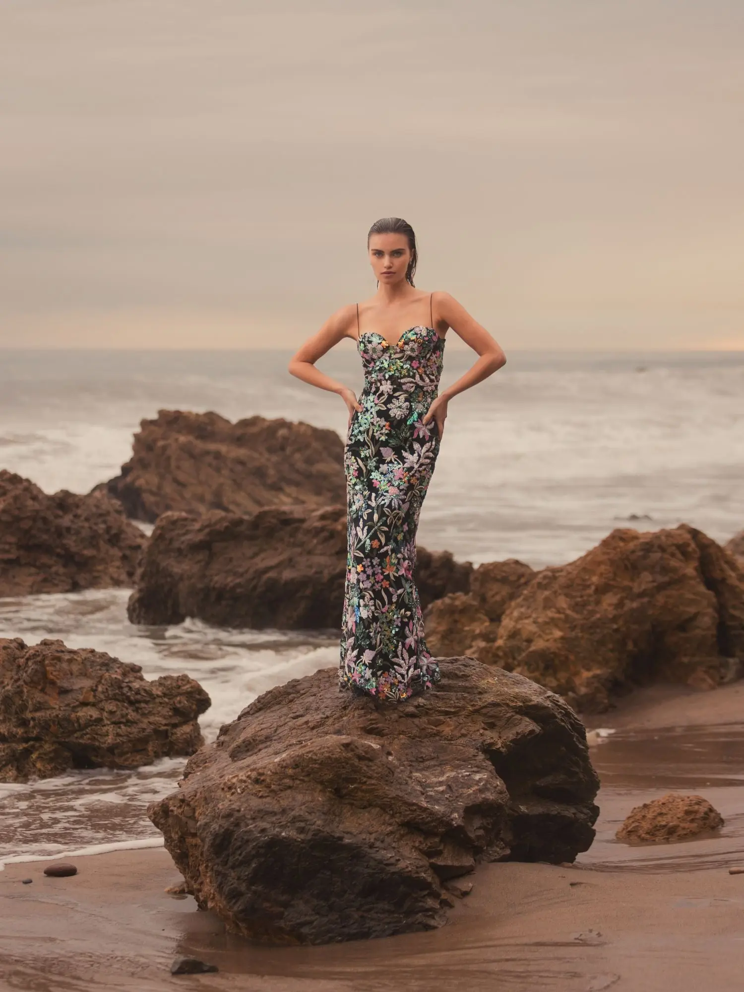 Black Multicolor Embroidered Bustier Trumpet Gown - Image 4