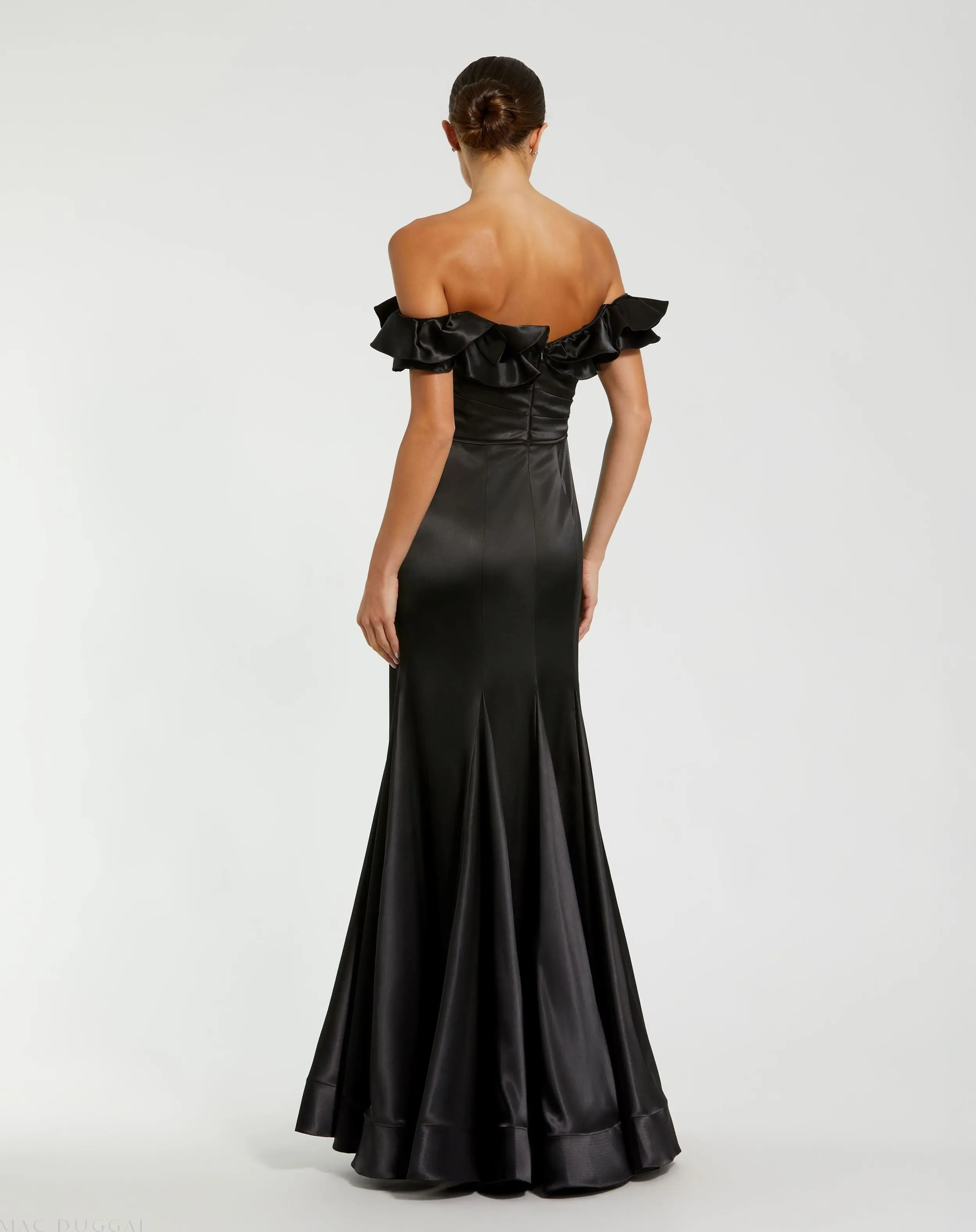 Black Satin Ruffle Off the Shoulder Mermaid Gown - Image 3