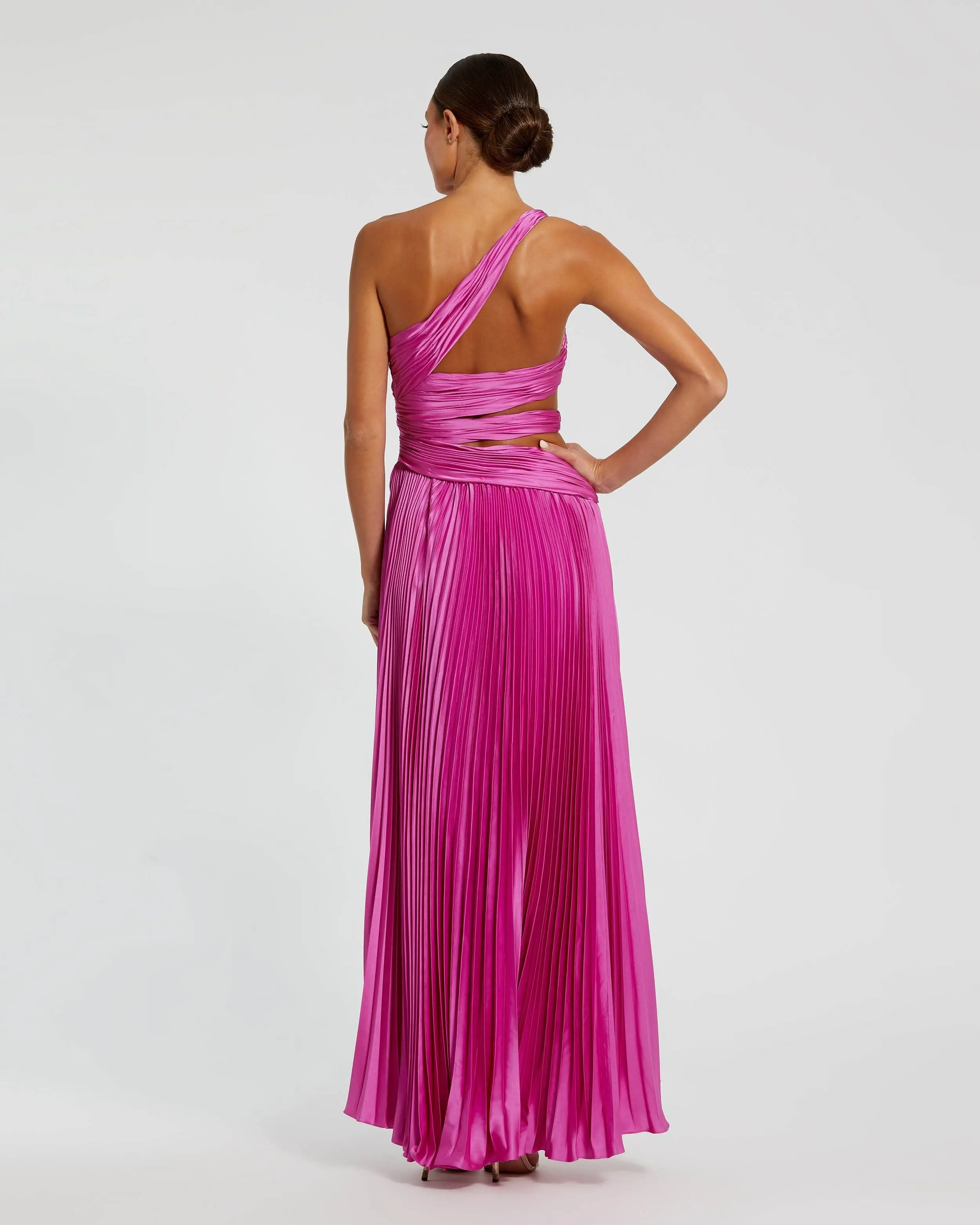Purple One Shoulder Pleated Charmeuse Gown with Slit - Image 3