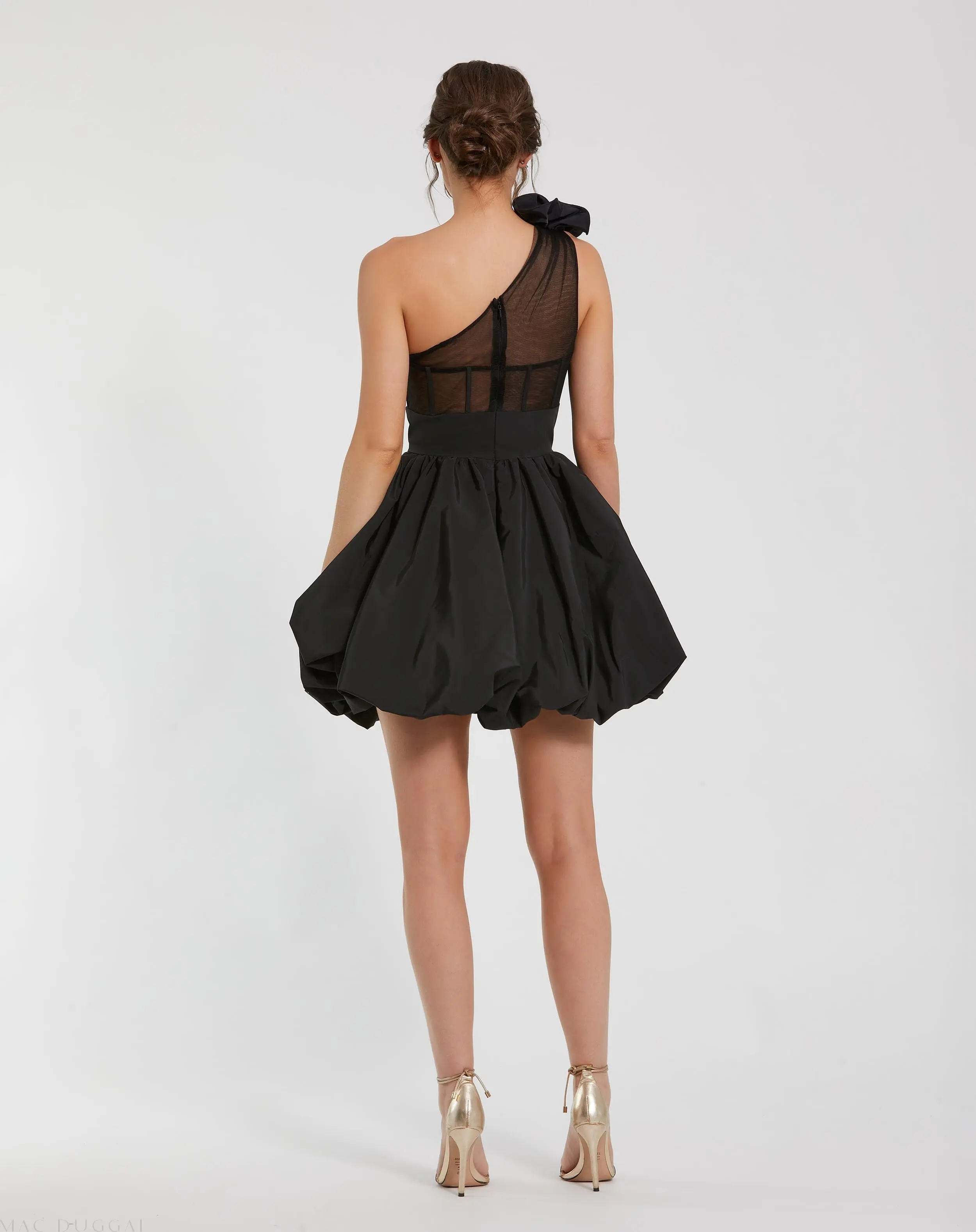 Black Taffeta One Shoulder Ruffle Bubble Mini Dress - Image 3