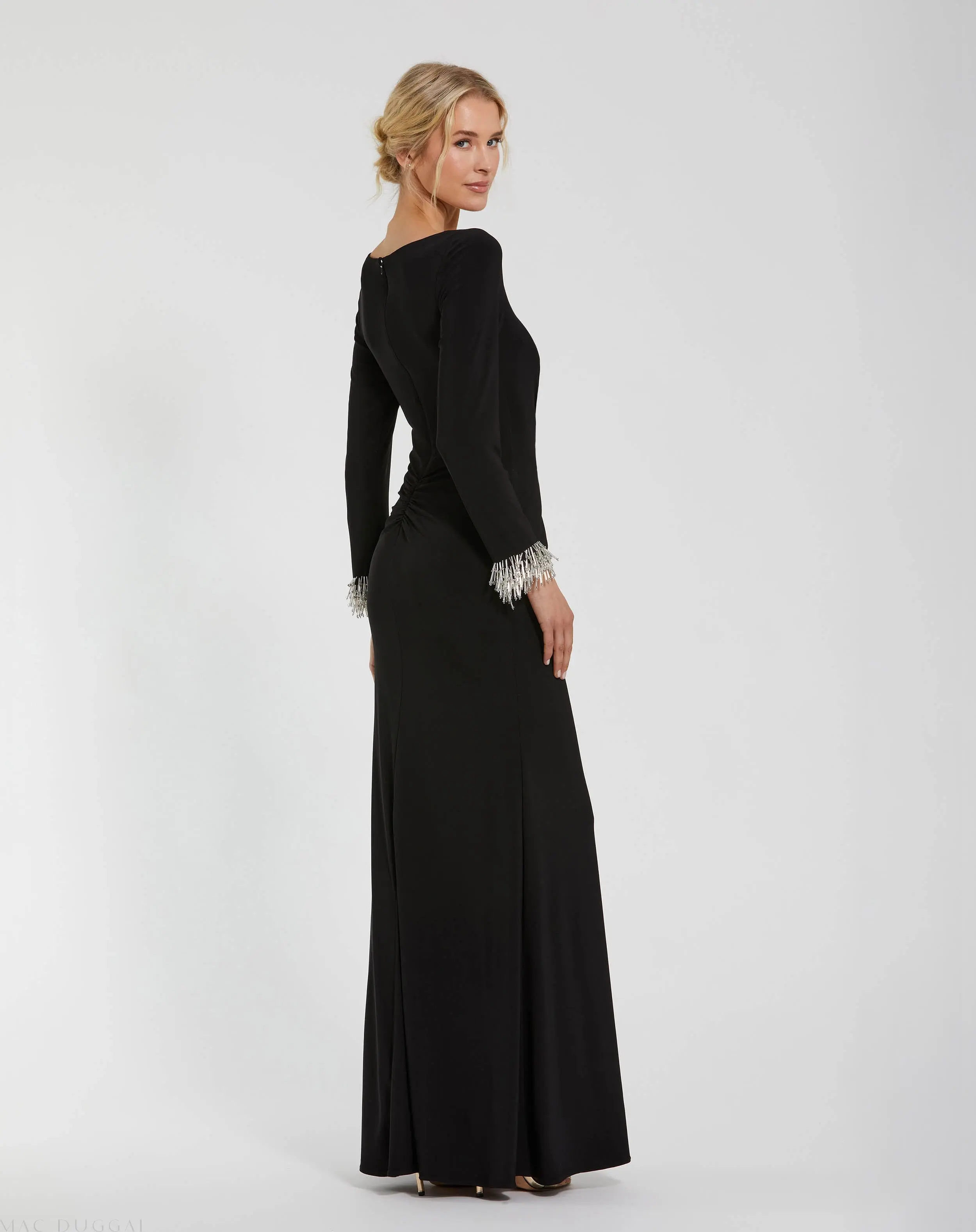 Black Long Sleeve Jersey Gown With Beaded Cuff Sleeves - Image 3