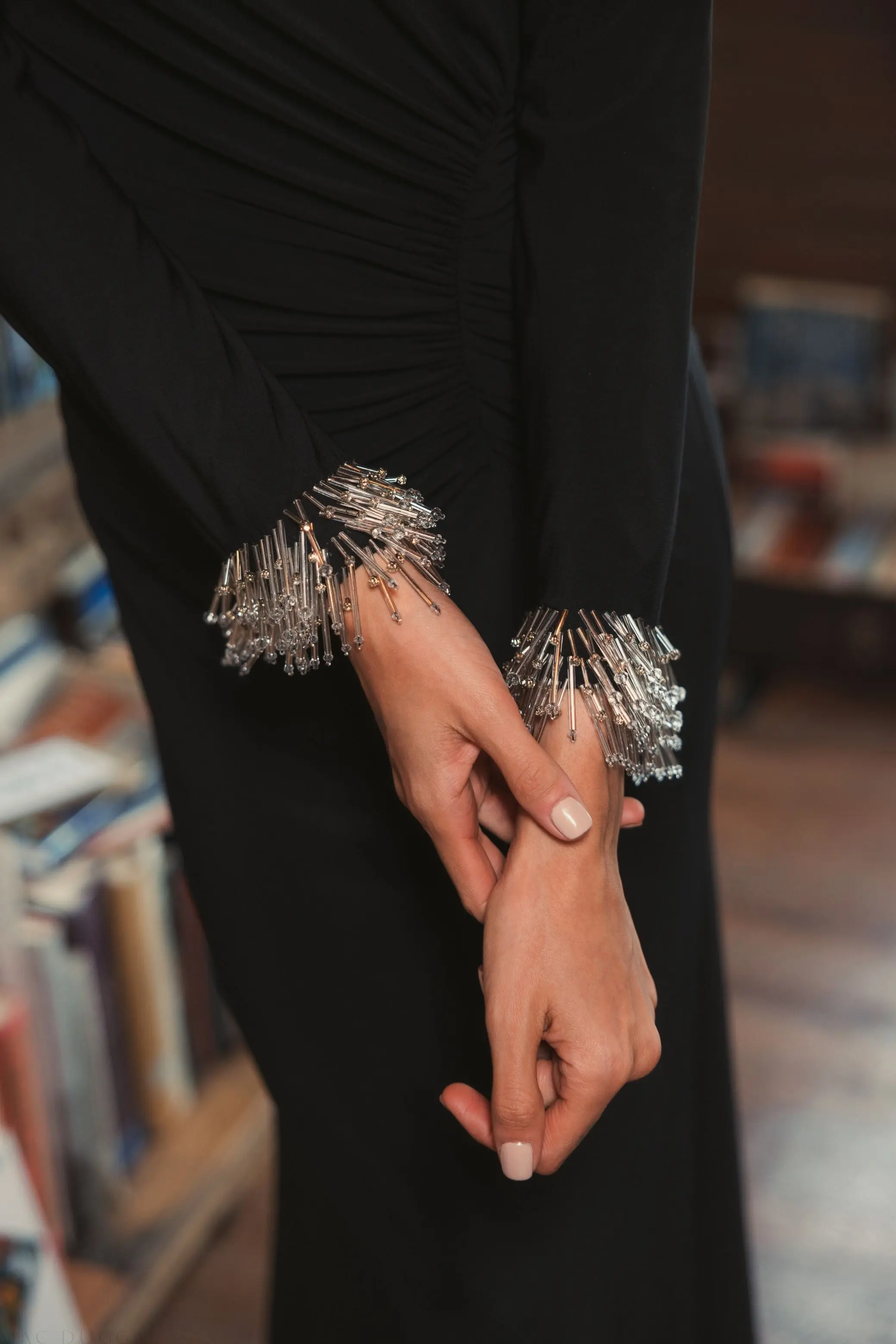 Black Long Sleeve Jersey Gown With Beaded Cuff Sleeves - Image 5