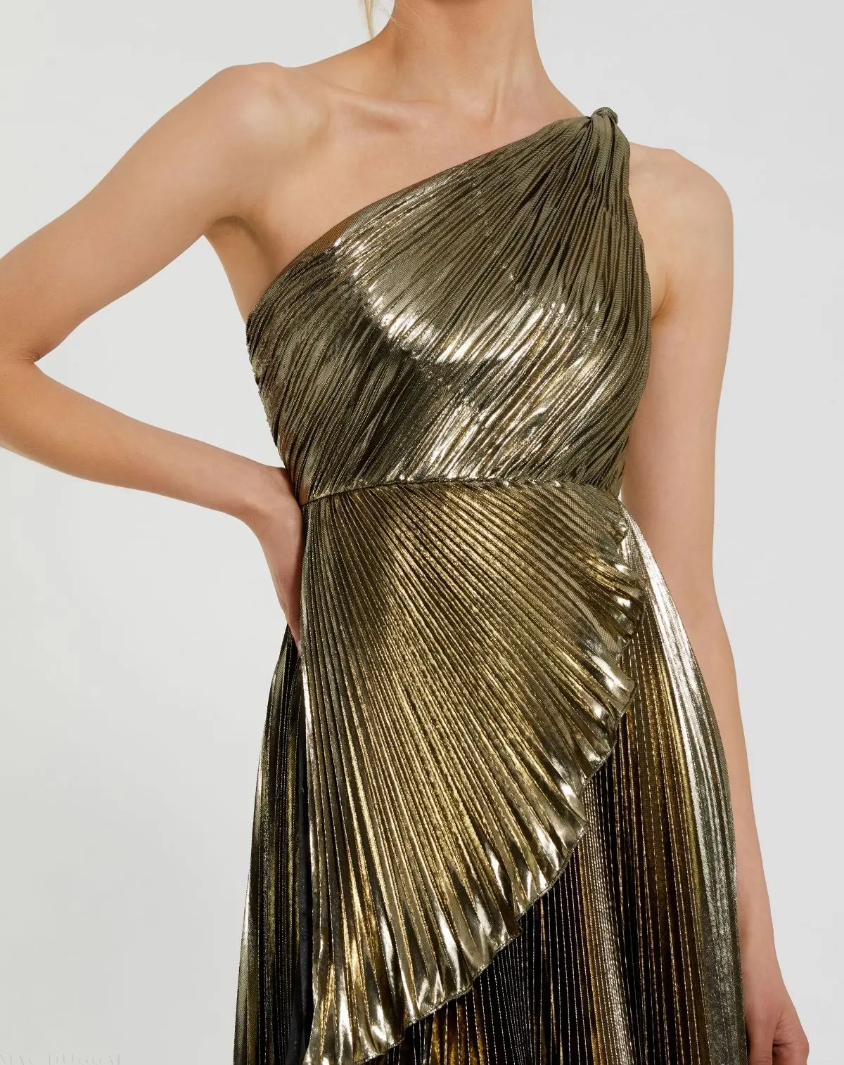 Gold Pleated Metallic One Shoulder High Low Gown - Image 2