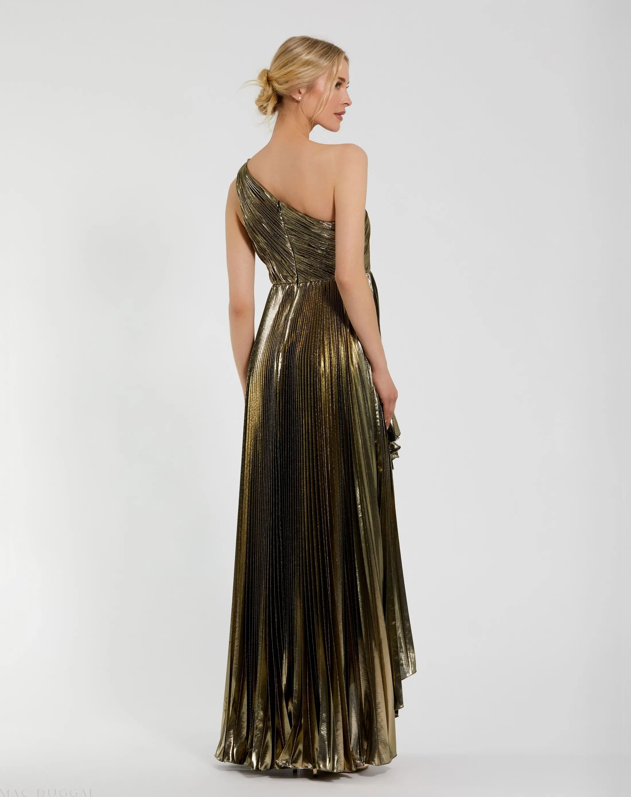Gold Pleated Metallic One Shoulder High Low Gown - Image 3