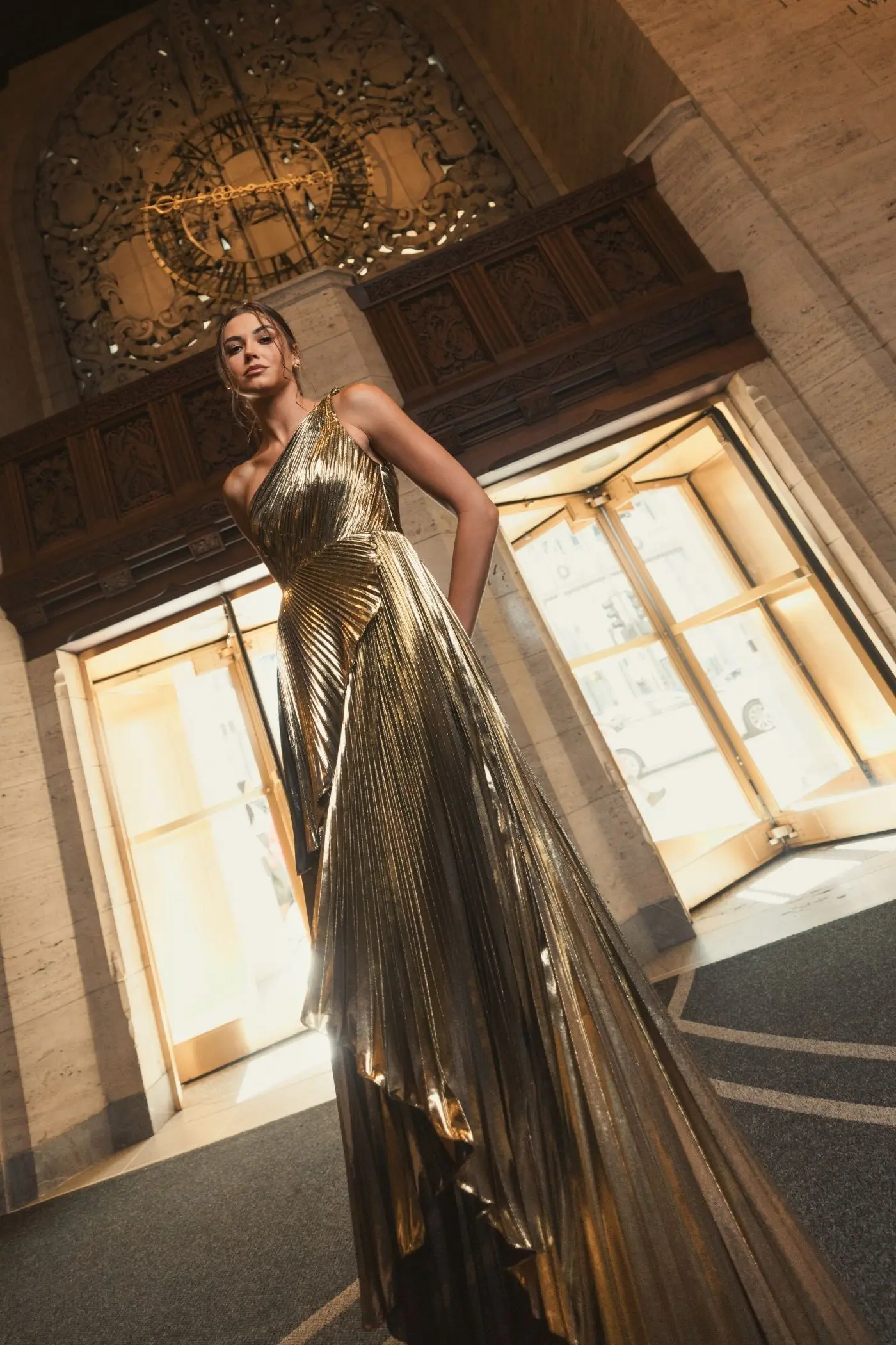 Gold Pleated Metallic One Shoulder High Low Gown - Image 4