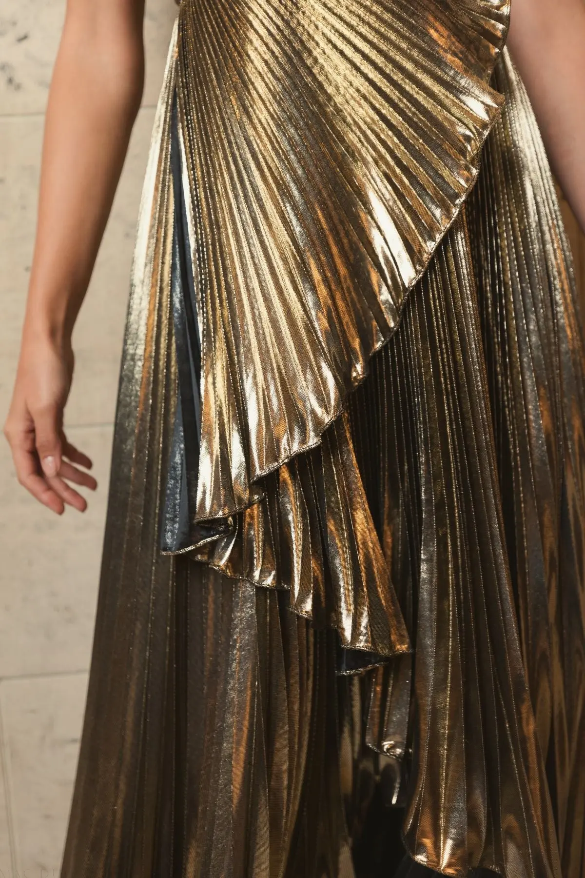 Gold Pleated Metallic One Shoulder High Low Gown - Image 5