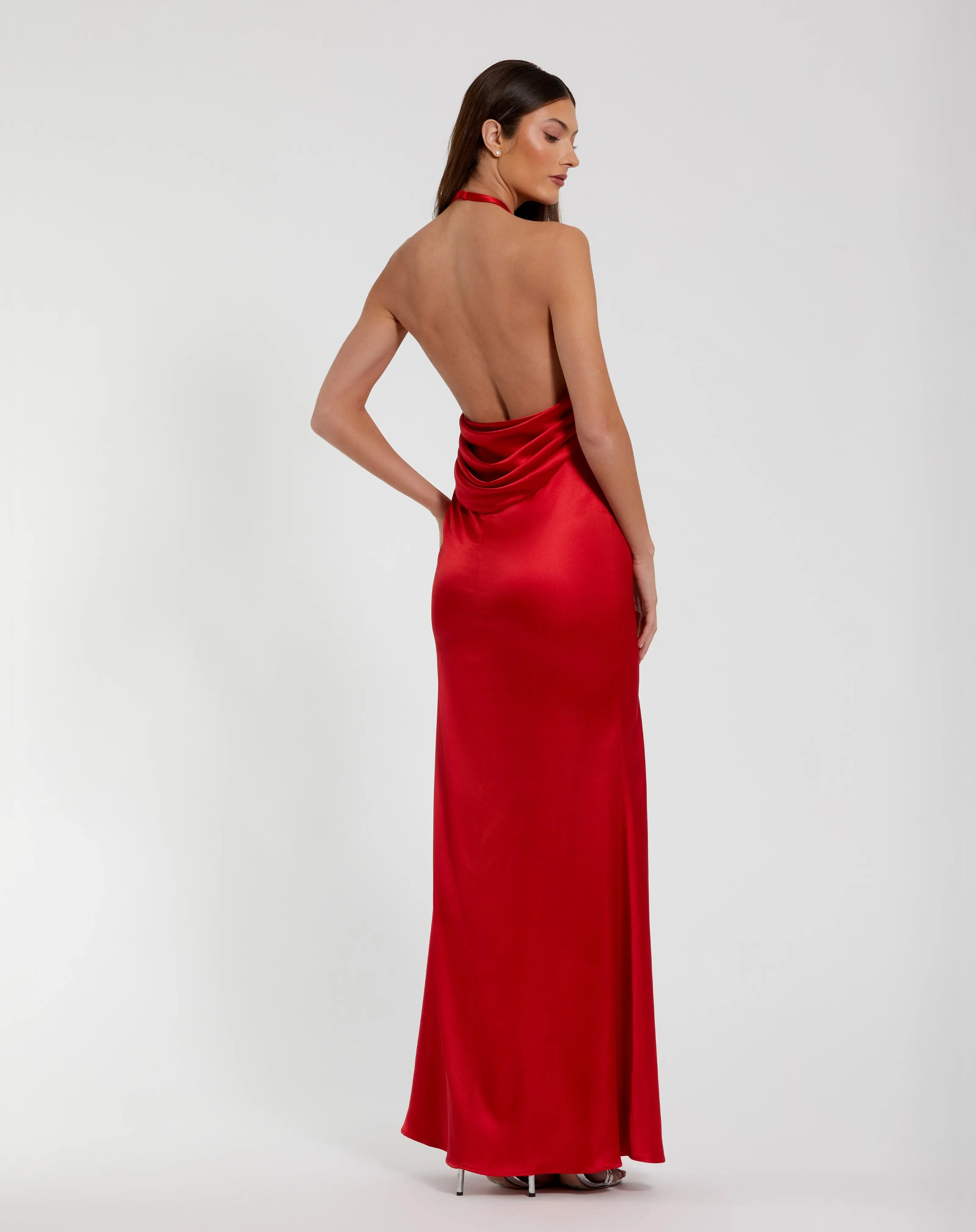 Red Fitted Satin Sleeveless Halter Gown With 3D Flower - Image 3
