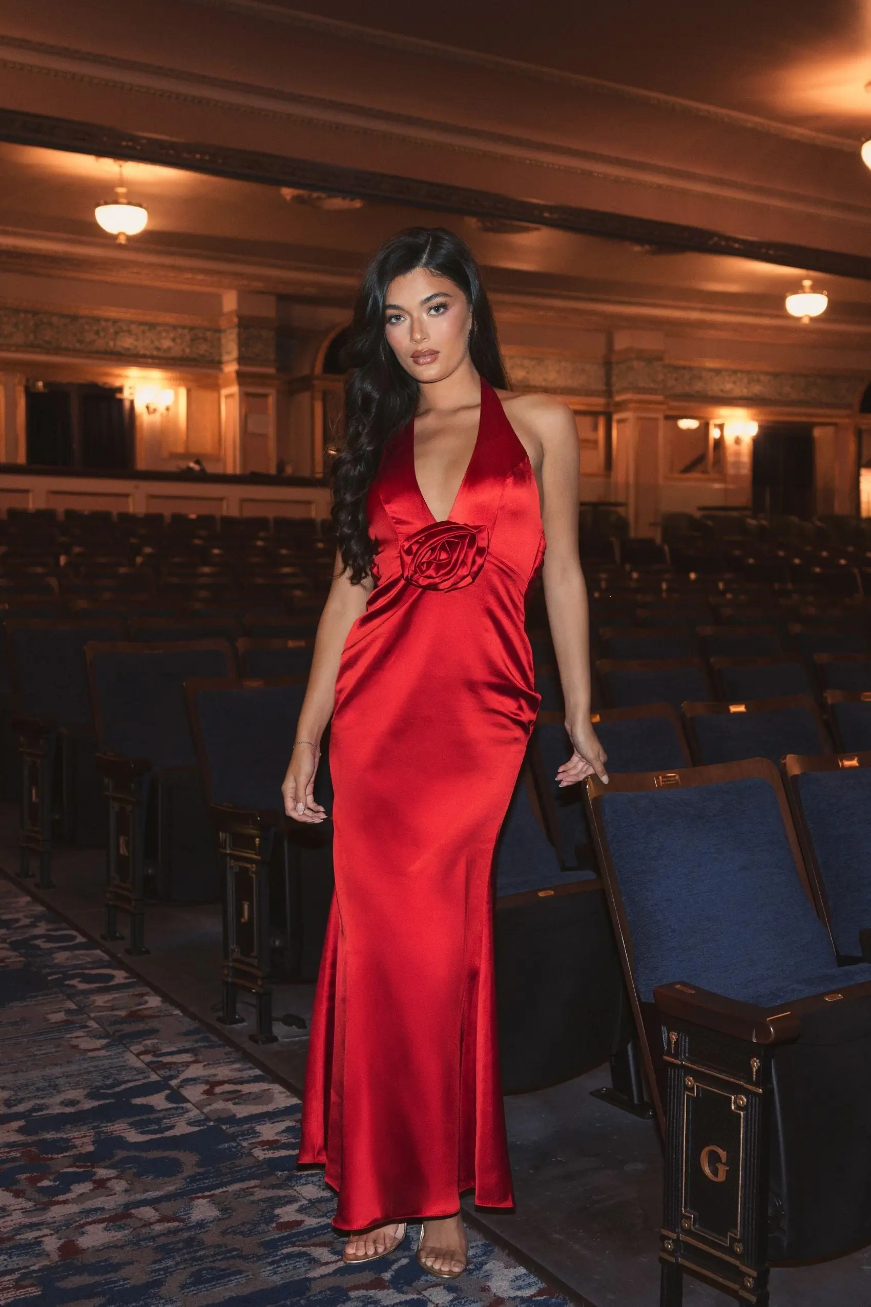 Red Fitted Satin Sleeveless Halter Gown With 3D Flower - Image 4
