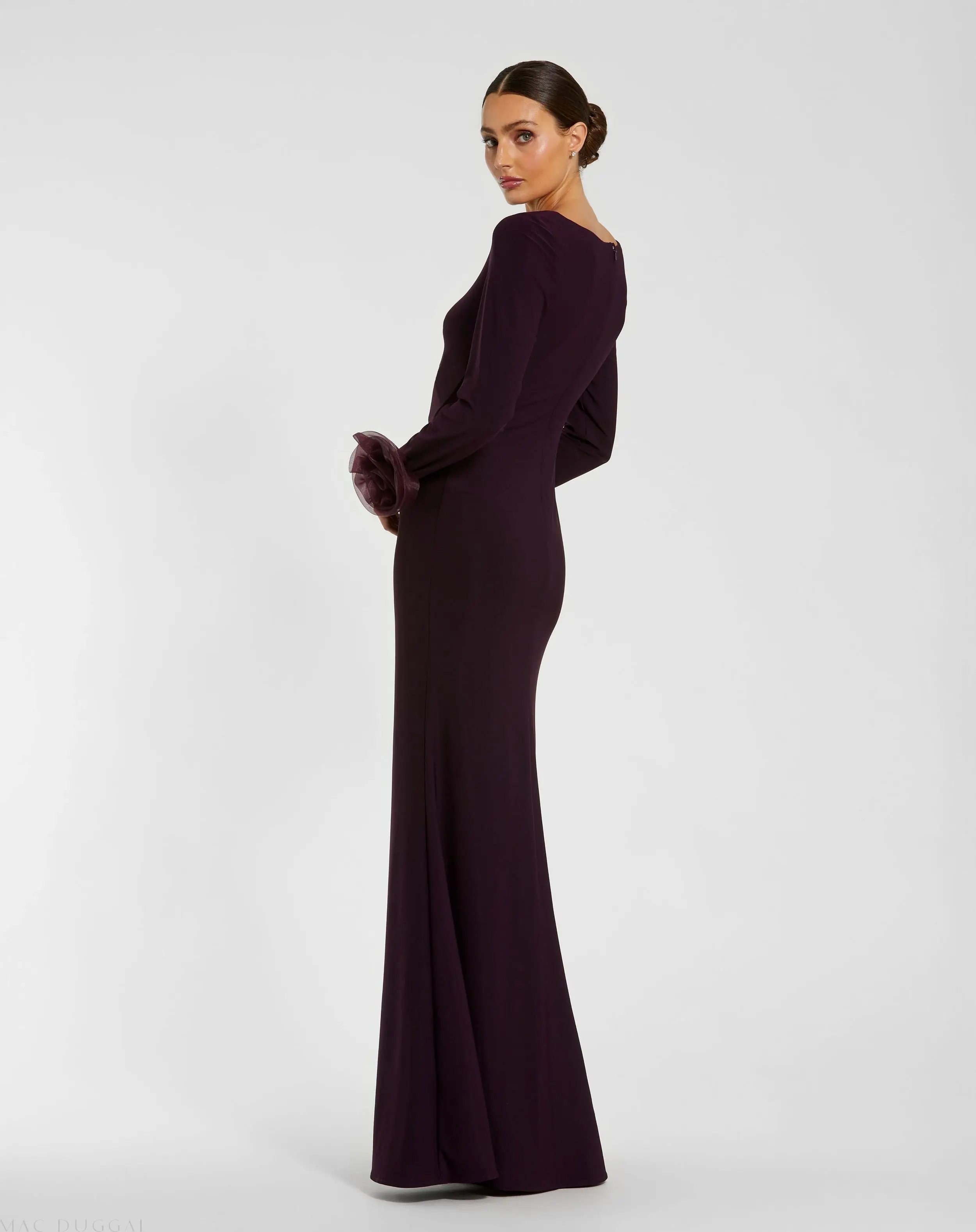 Purple Long Sleeve Fitted Jersey Gown With 3D Flowers - Image 3