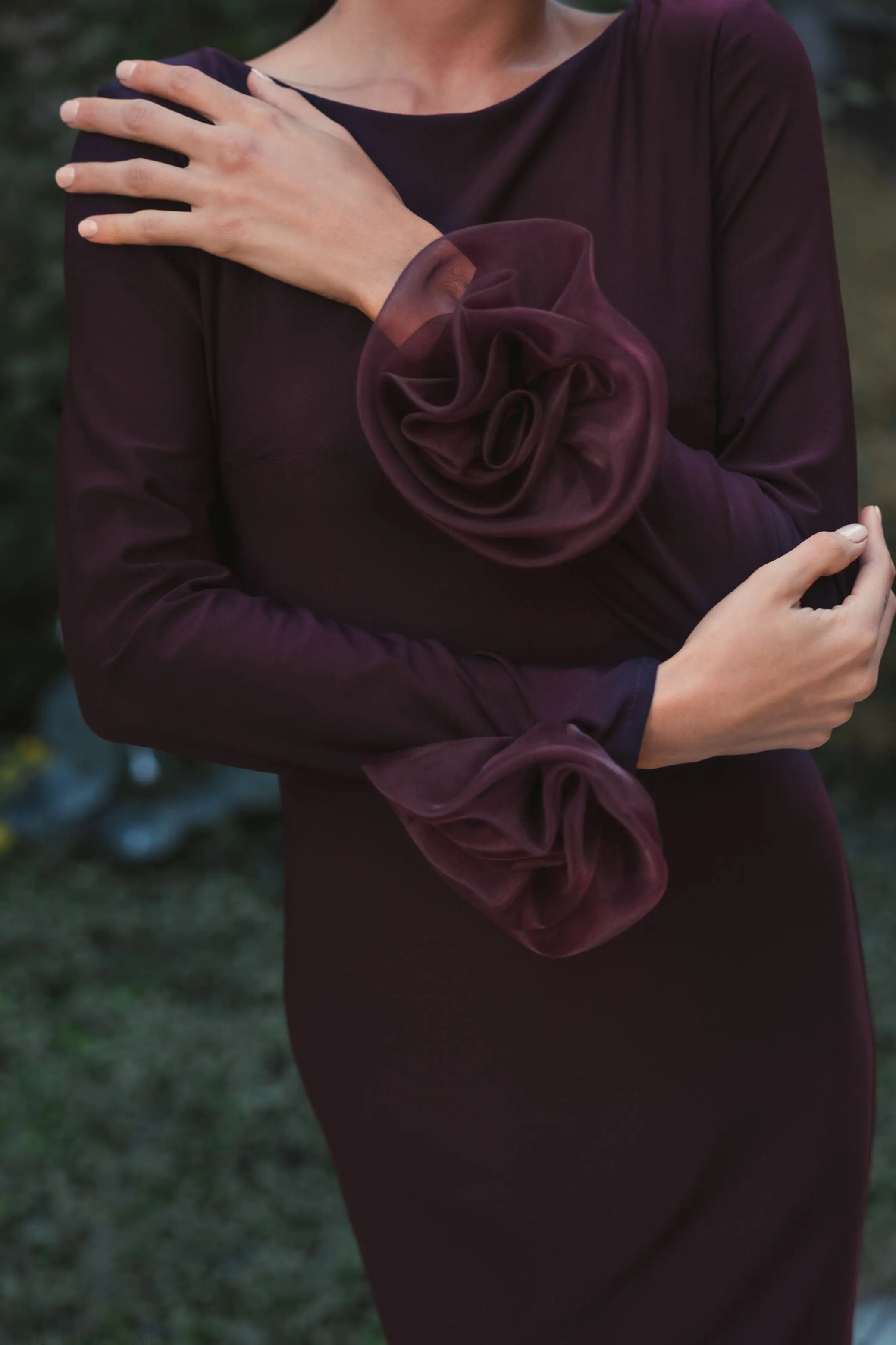Purple Long Sleeve Fitted Jersey Gown With 3D Flowers - Image 5