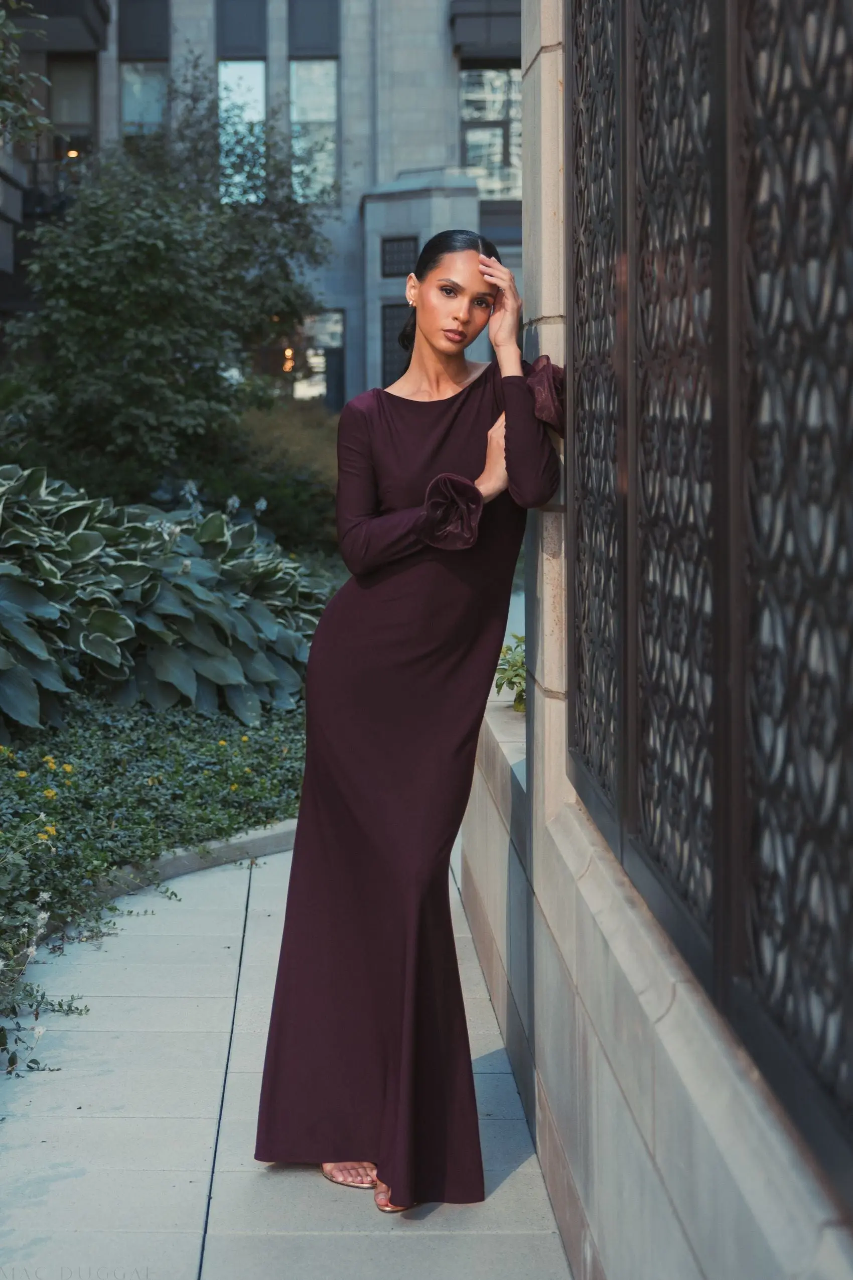 Purple Long Sleeve Fitted Jersey Gown With 3D Flowers - Image 6