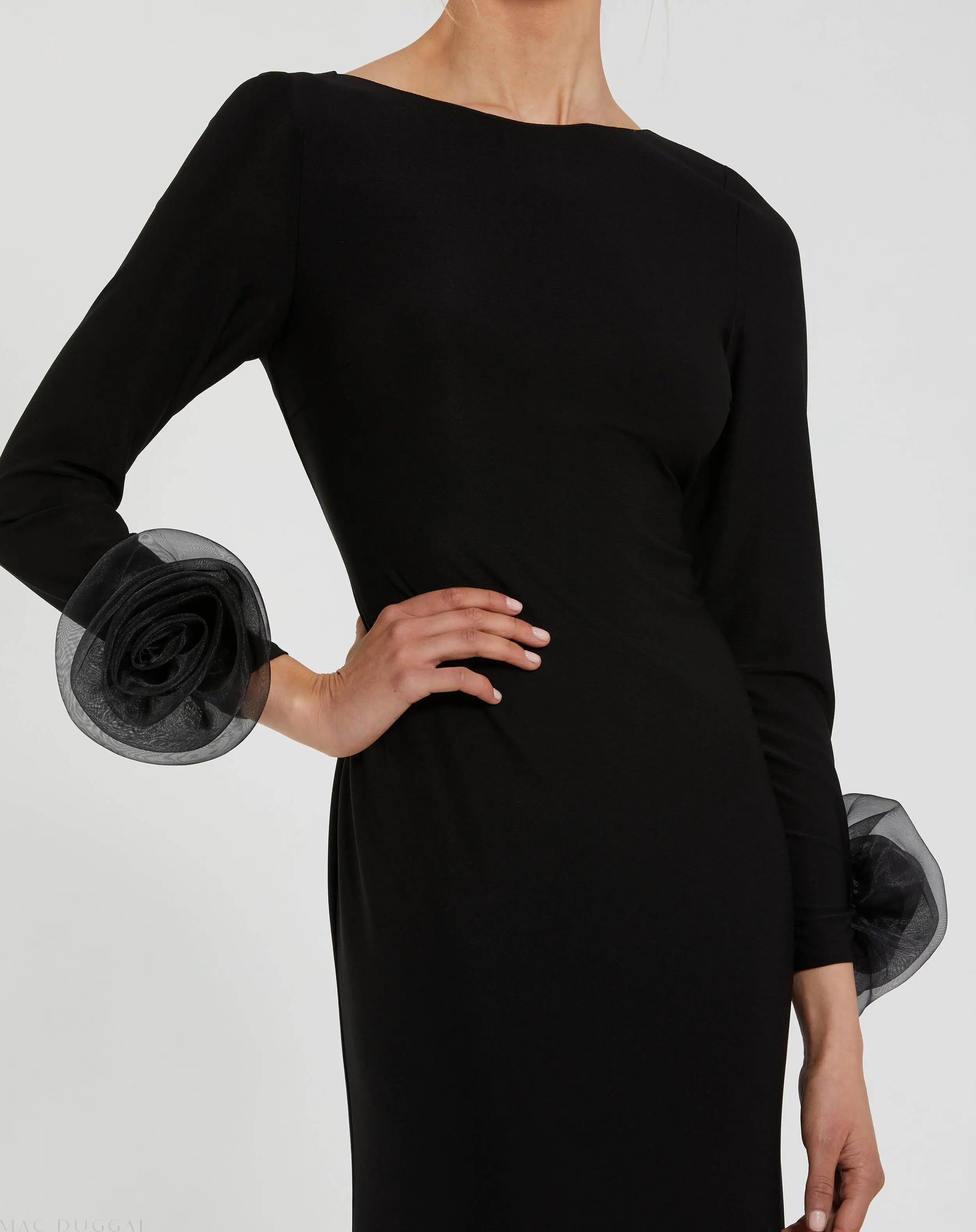 Black Long Sleeve Fitted Jersey Gown With 3D Flowers - Image 2