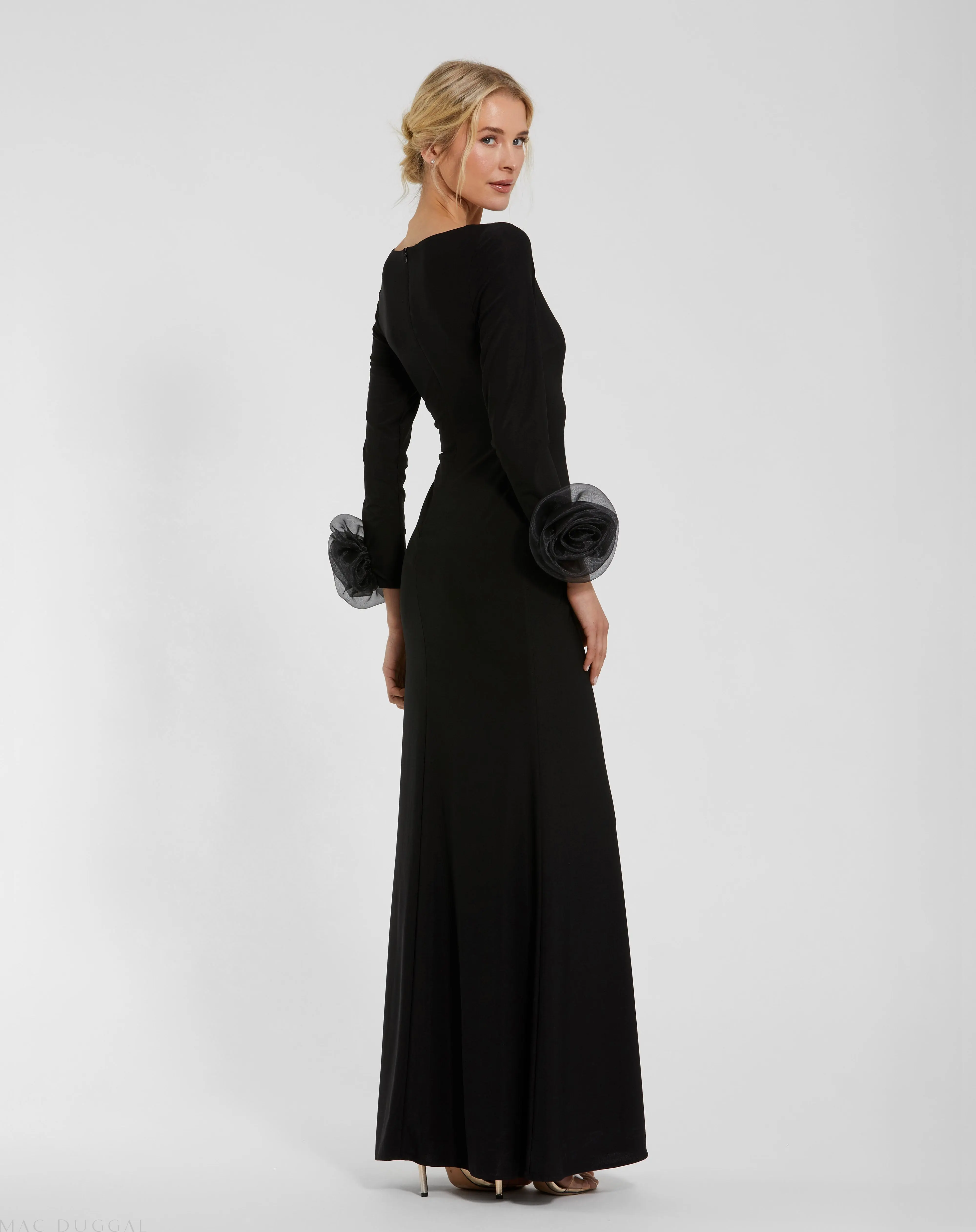 Black Long Sleeve Fitted Jersey Gown With 3D Flowers - Image 3