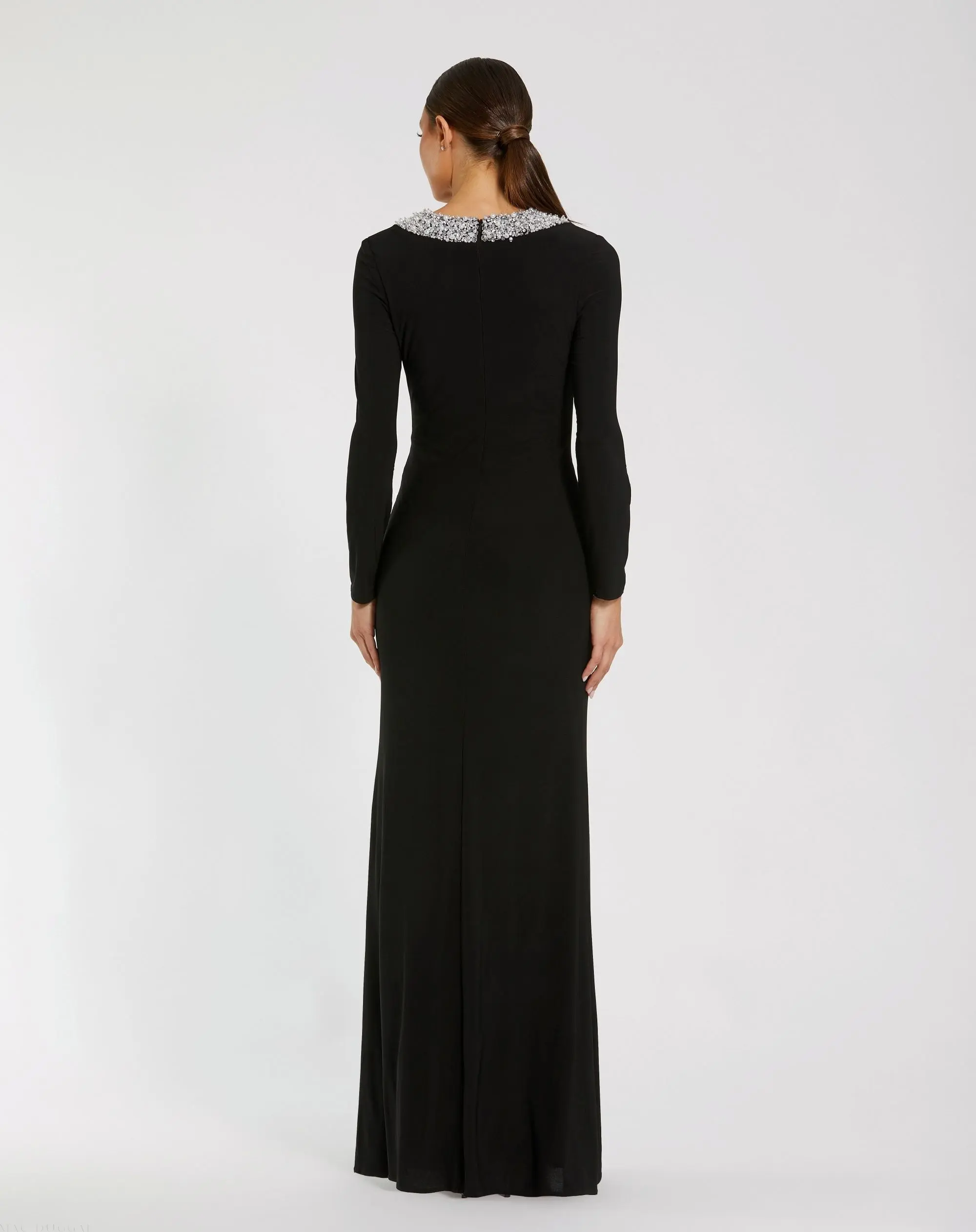 Black Jersey Long Sleeve Fitted Gown With Beaded Neck - Image 3