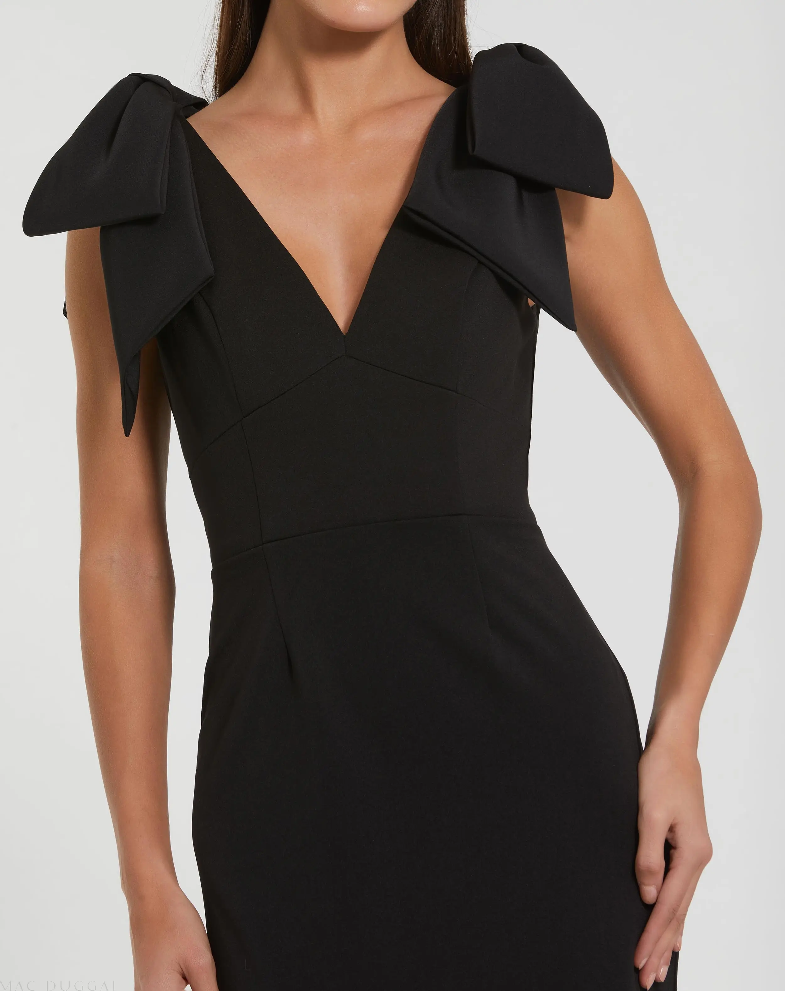 Black Bow Strap Crepe Fitted Midi Dress - Image 2