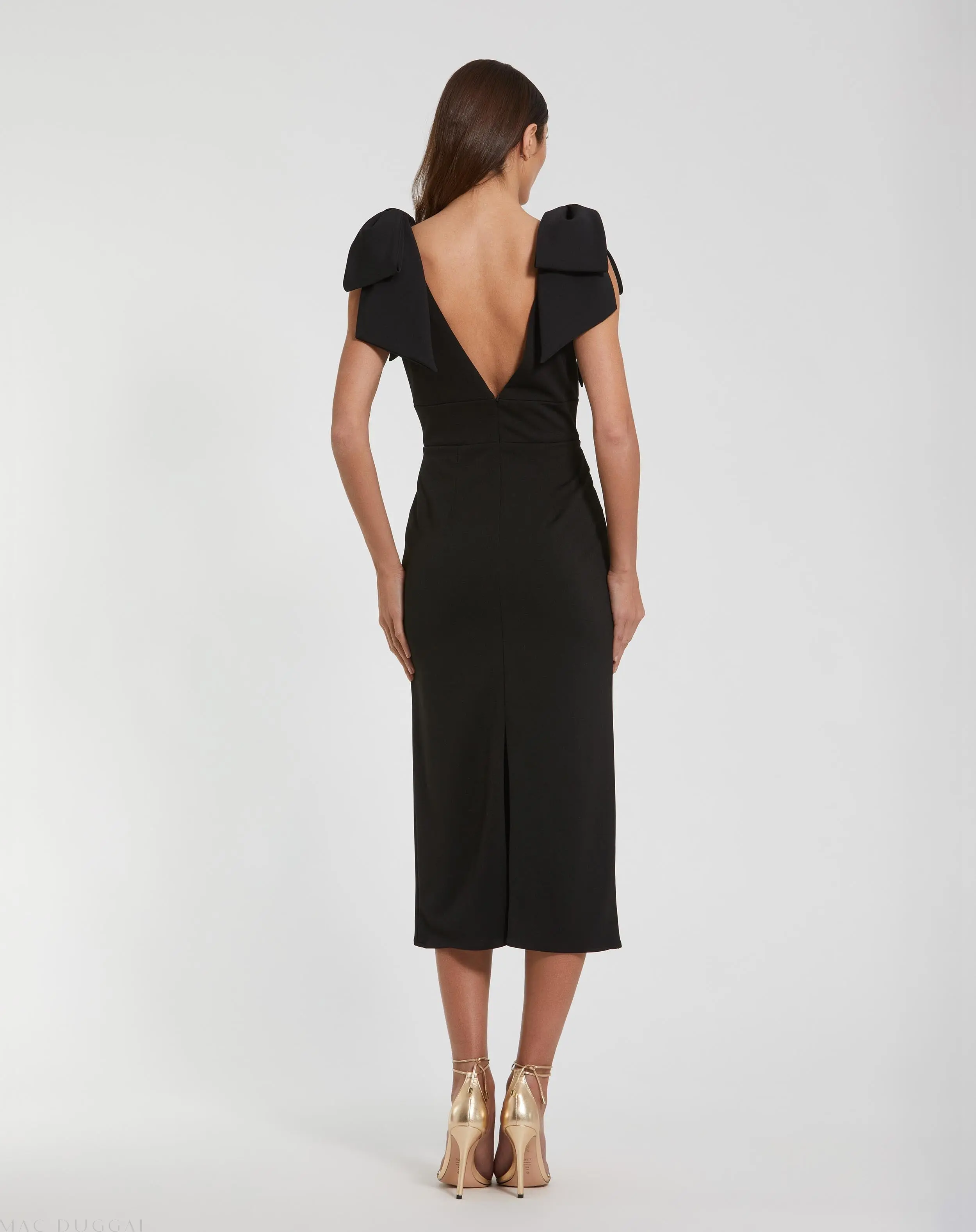 Black Bow Strap Crepe Fitted Midi Dress - Image 3
