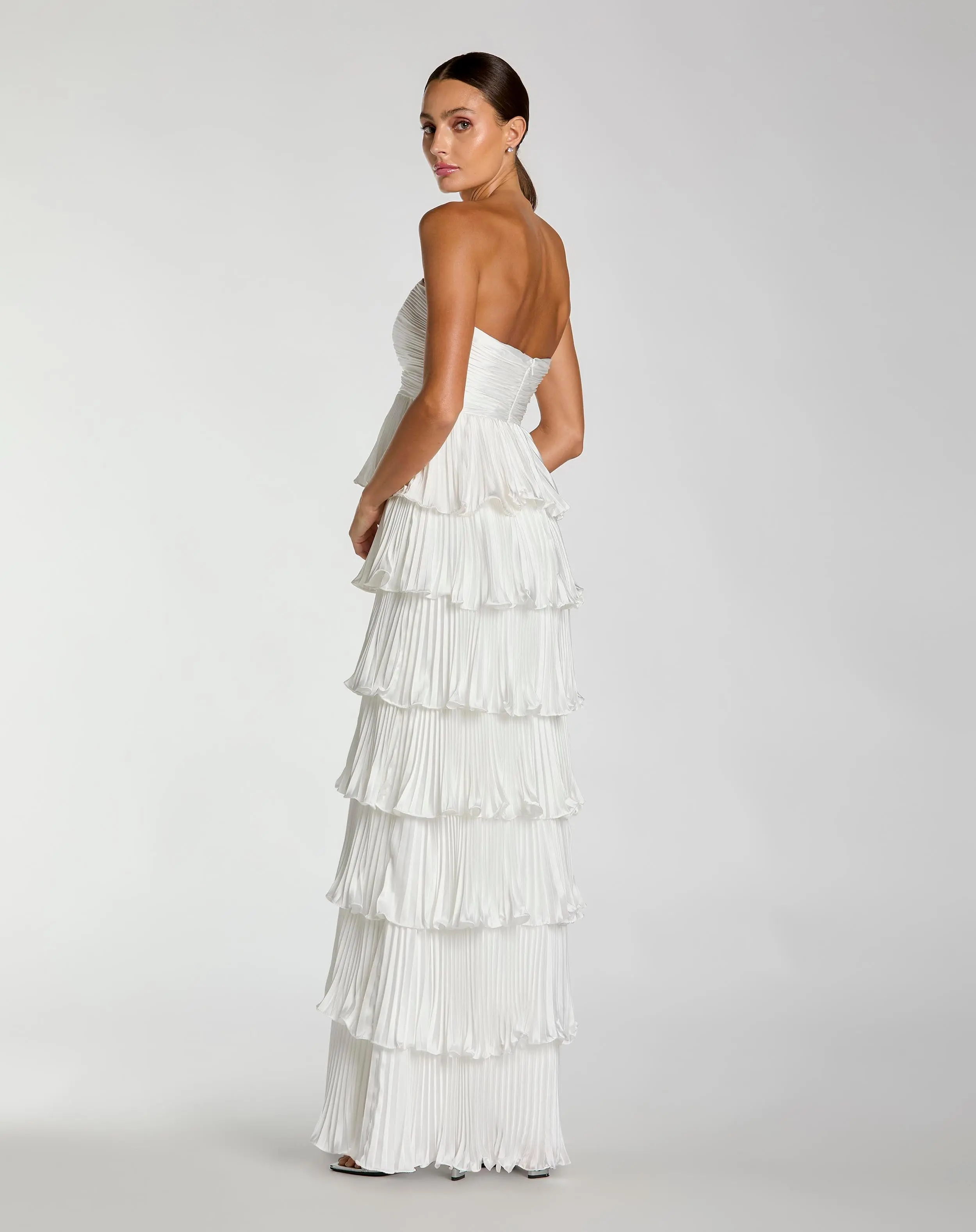 White Pleated Charmeuse Strapless Tiered Ruffle Gown - Image 3