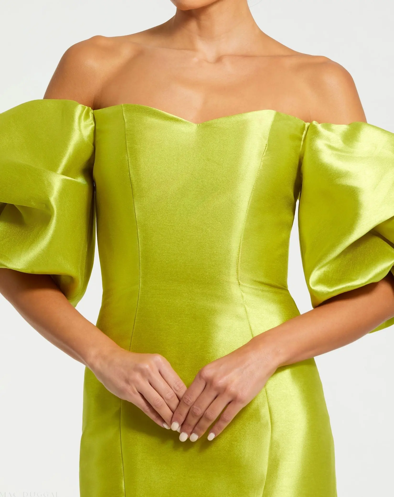 Green Sweetheart Off The Shoulder Puff Sleeve Gown - Image 2