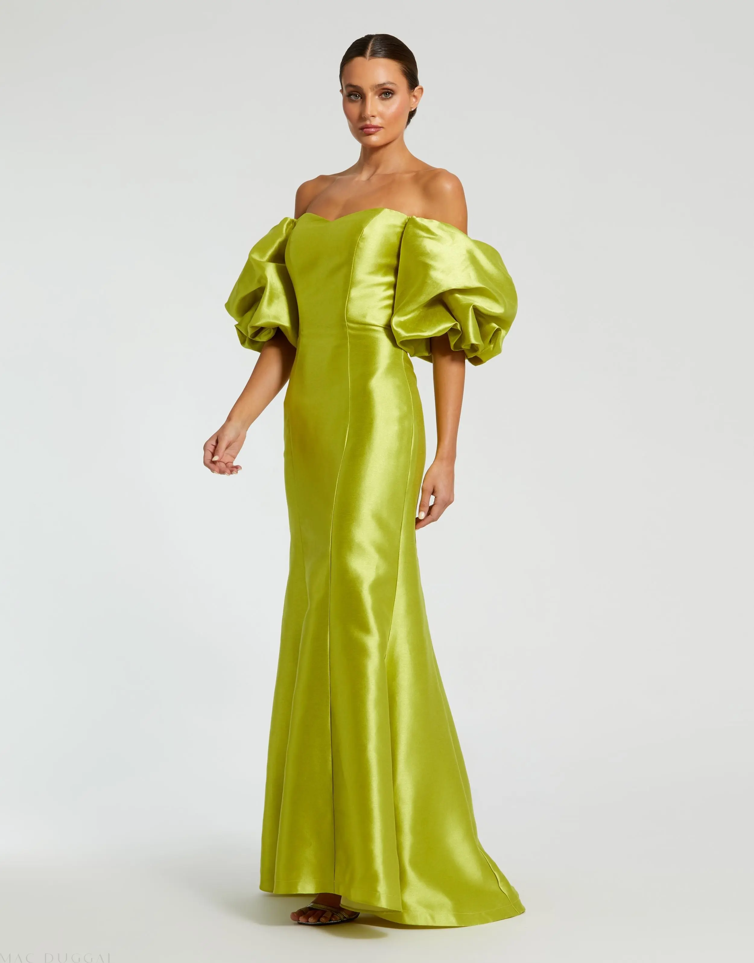 Green Sweetheart Off The Shoulder Puff Sleeve Gown - Image 3