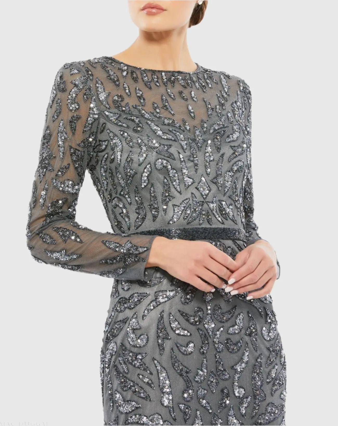 Dark Gray Long Sleeve Beaded Evening Gown - Image 2