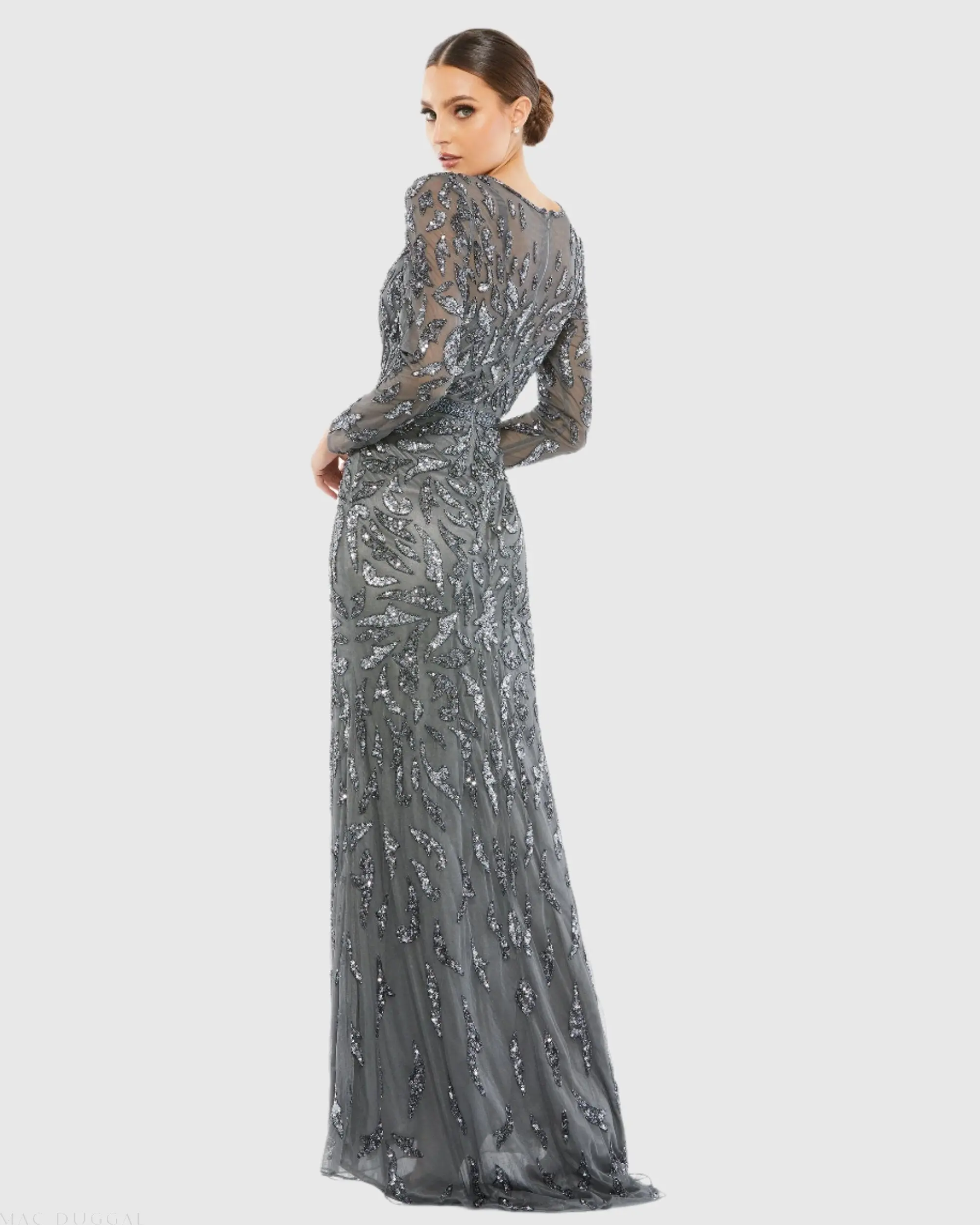 Dark Gray Long Sleeve Beaded Evening Gown - Image 3