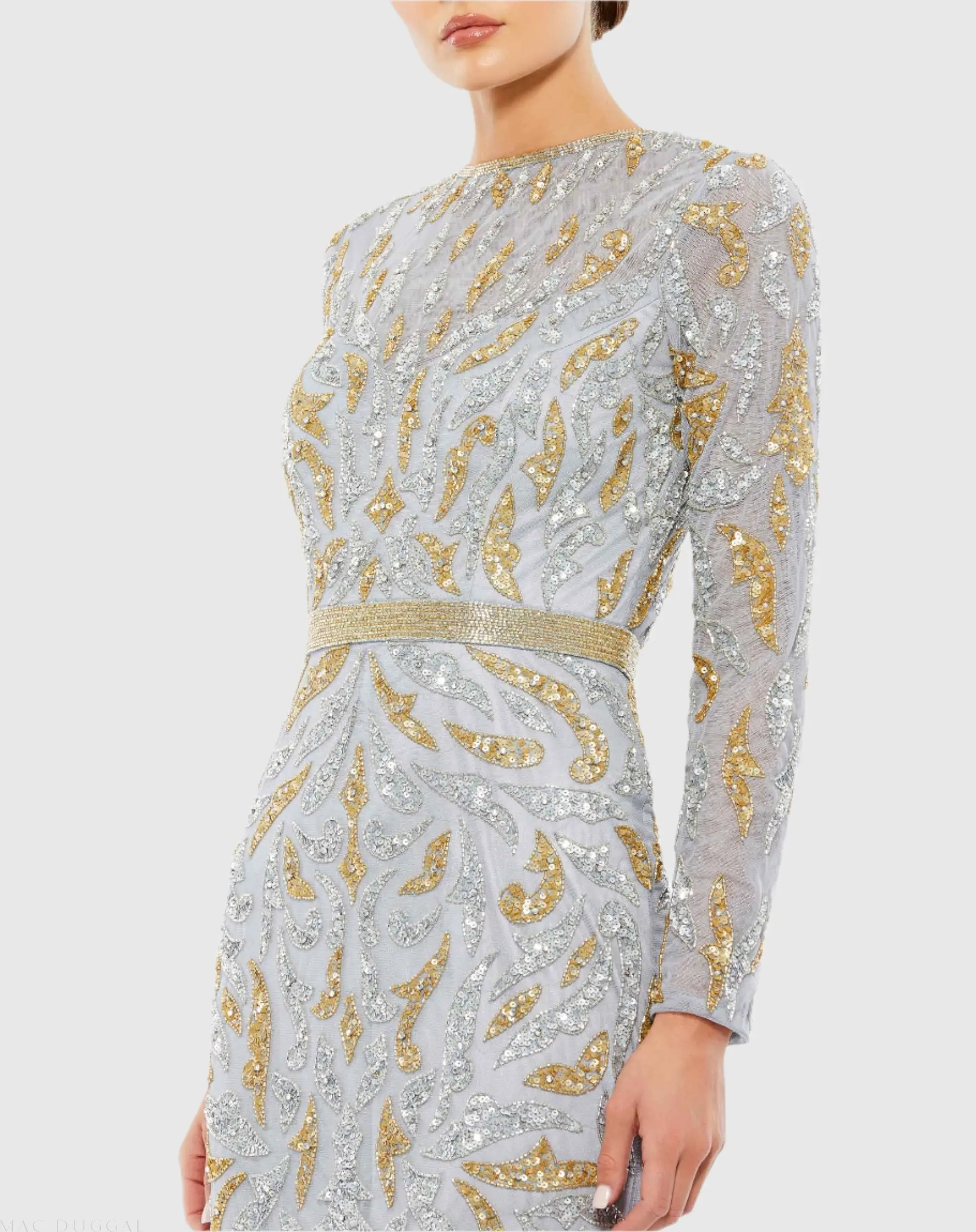 Gray Long Sleeve Beaded Evening Gown - Image 2