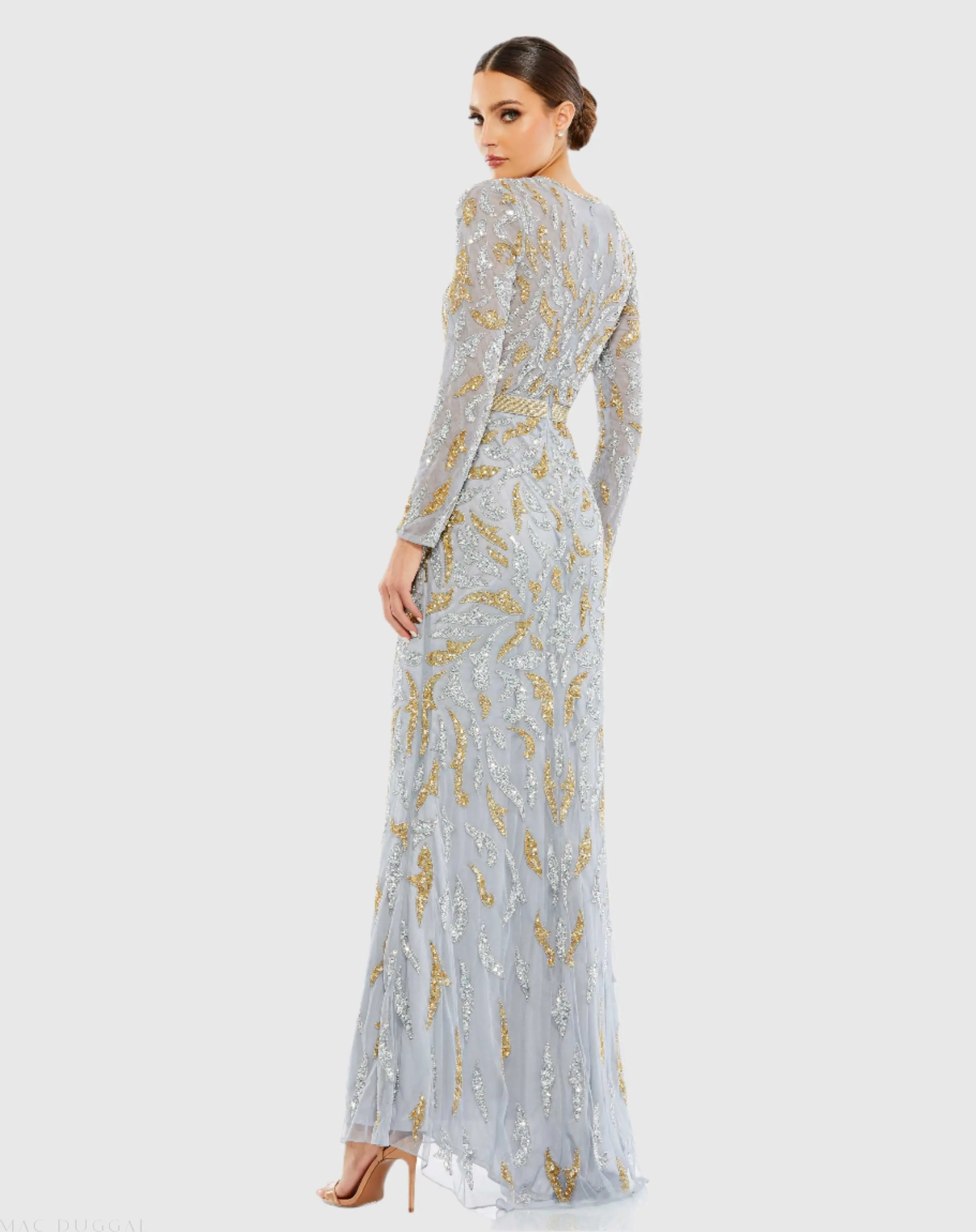Gray Long Sleeve Beaded Evening Gown - Image 3