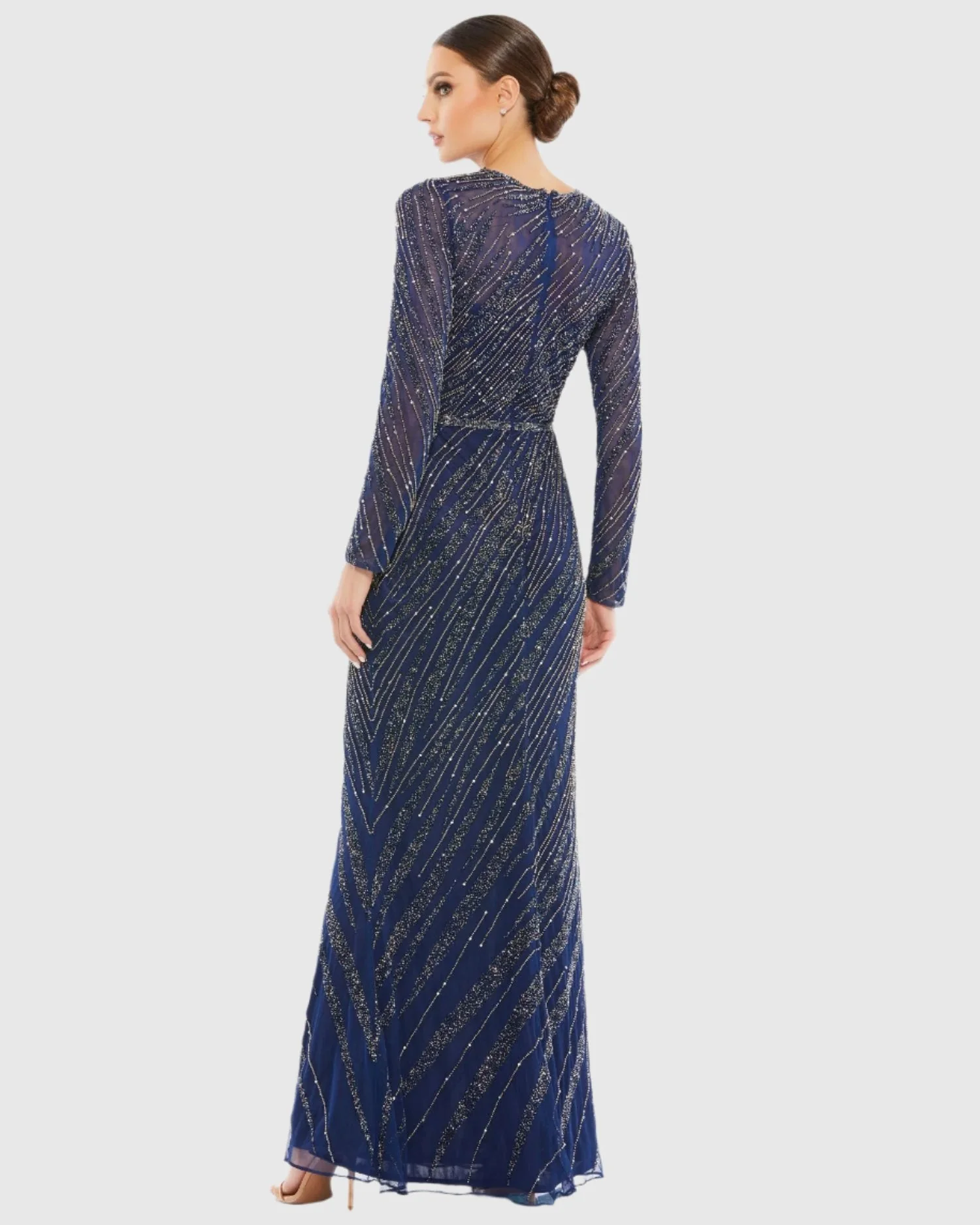 Navy Long Sleeve Beaded Column Gown - Image 3