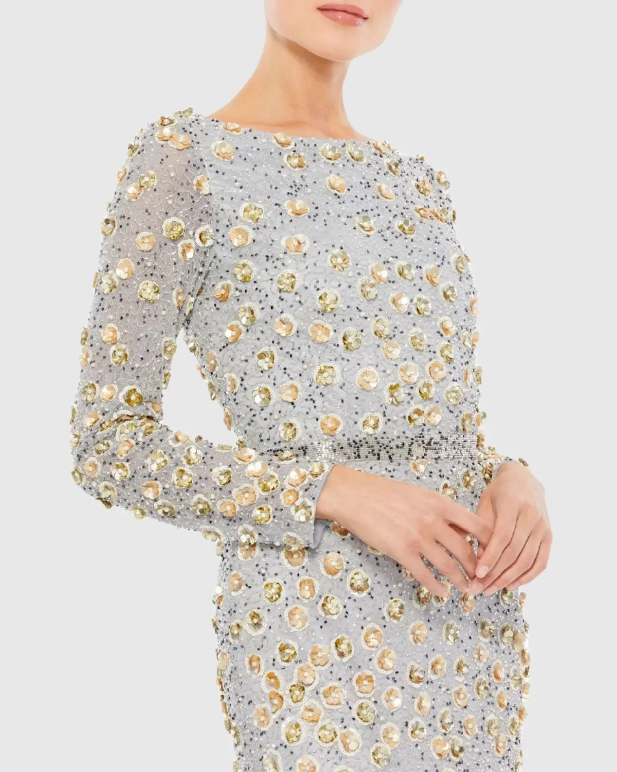 Silver Embellished Long Sleeve High Neck Gown - Image 2