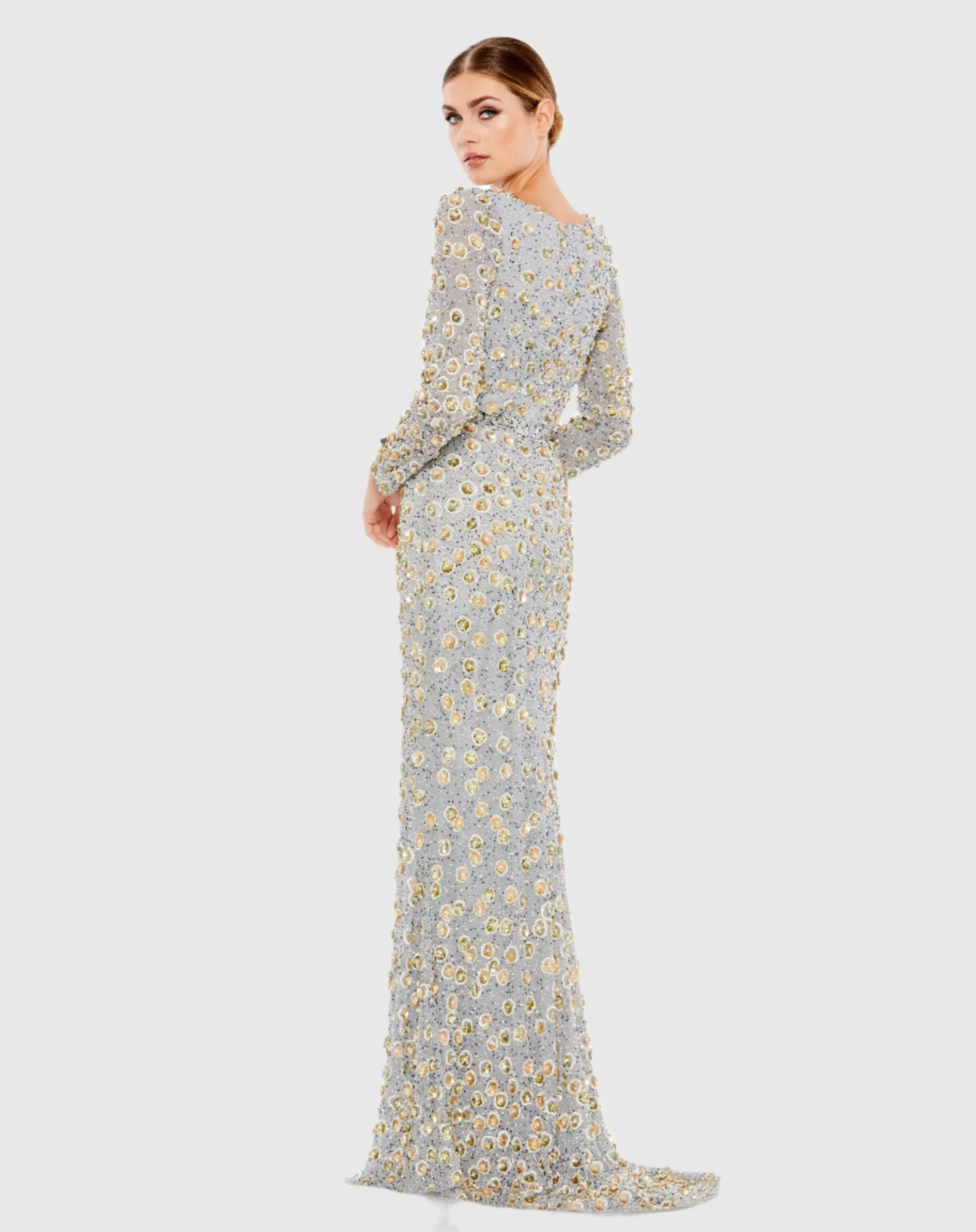 Silver Embellished Long Sleeve High Neck Gown - Image 3